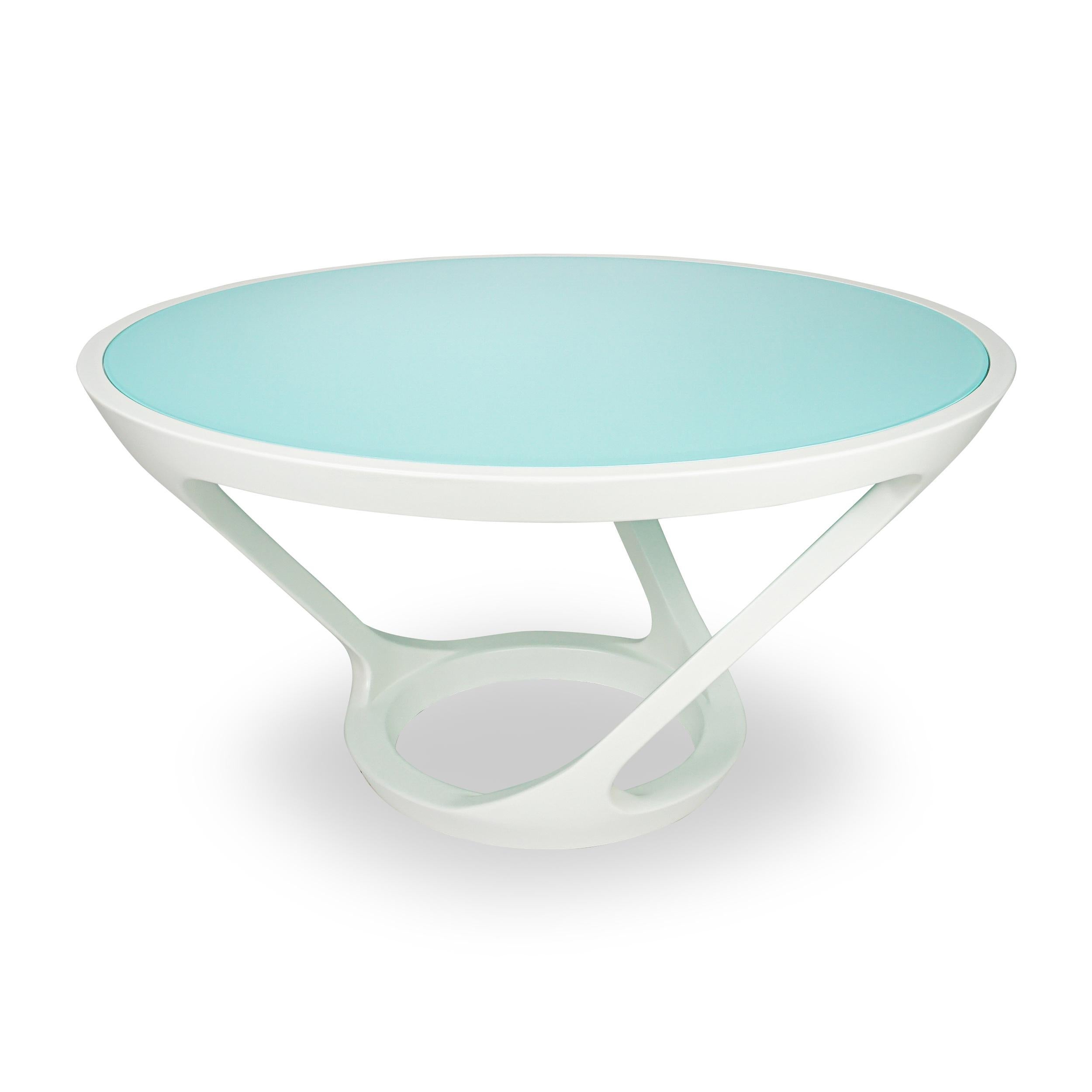 American Modern Jamaican Aqua Glass Inset and White Lacquer Dining Table   For Sale