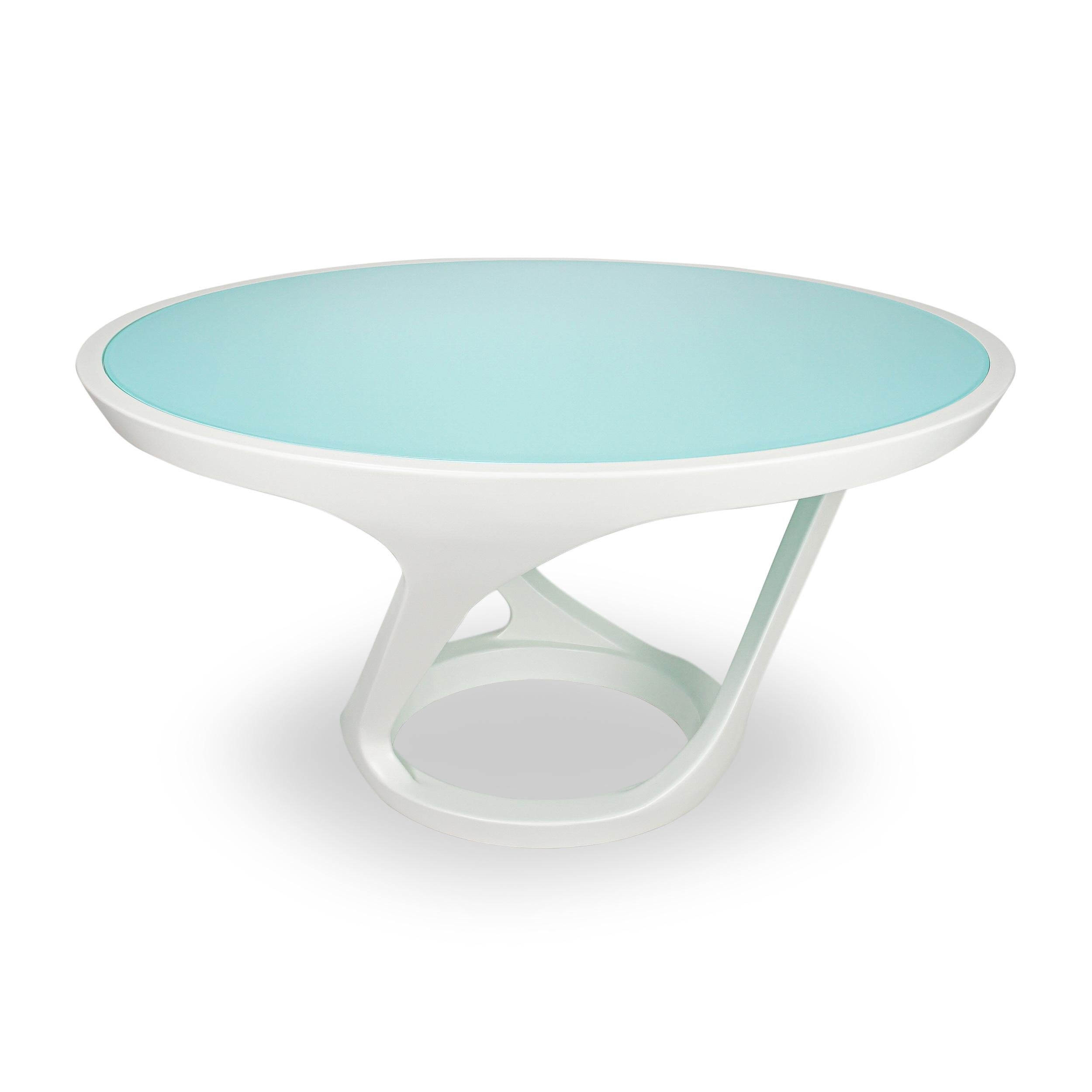 Contemporary Modern Jamaican Aqua Glass Inset and White Lacquer Dining Table   For Sale