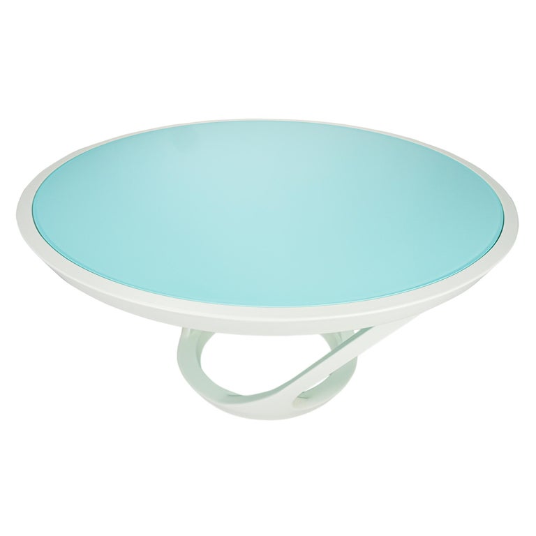 Modern Jamaican Aqua Glass Inset and White Lacquer Dining Table For