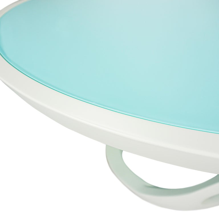 Modern Jamaican Aqua Glass Inset and White Lacquer Dining Table For