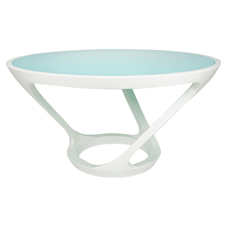 Modern Jamaican Aqua Glass Inset and White Lacquer Dining Table For