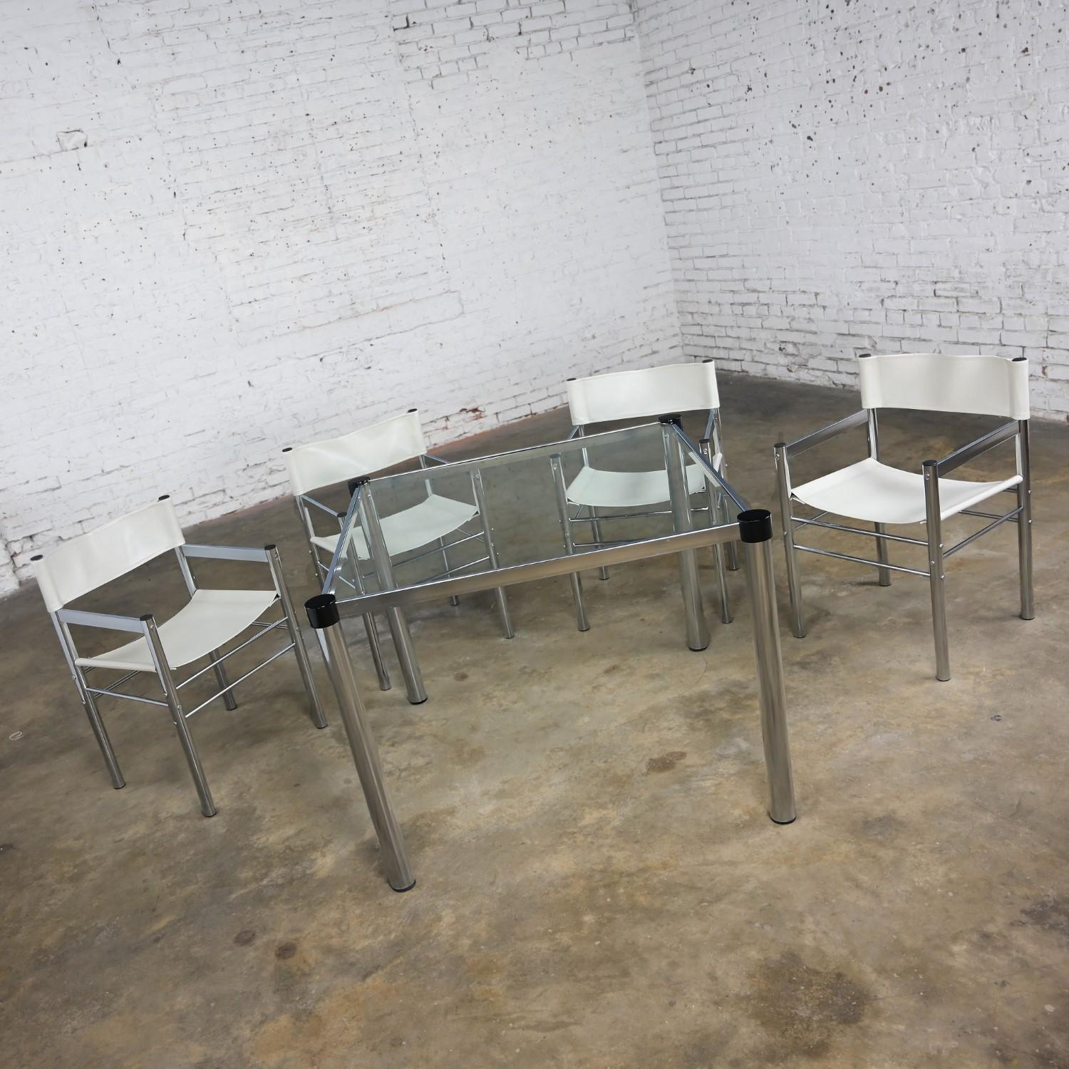 Late 20th Century Modern James David Style Chrome & Glass Dinette Set or Game Table W/ 4 Chairs