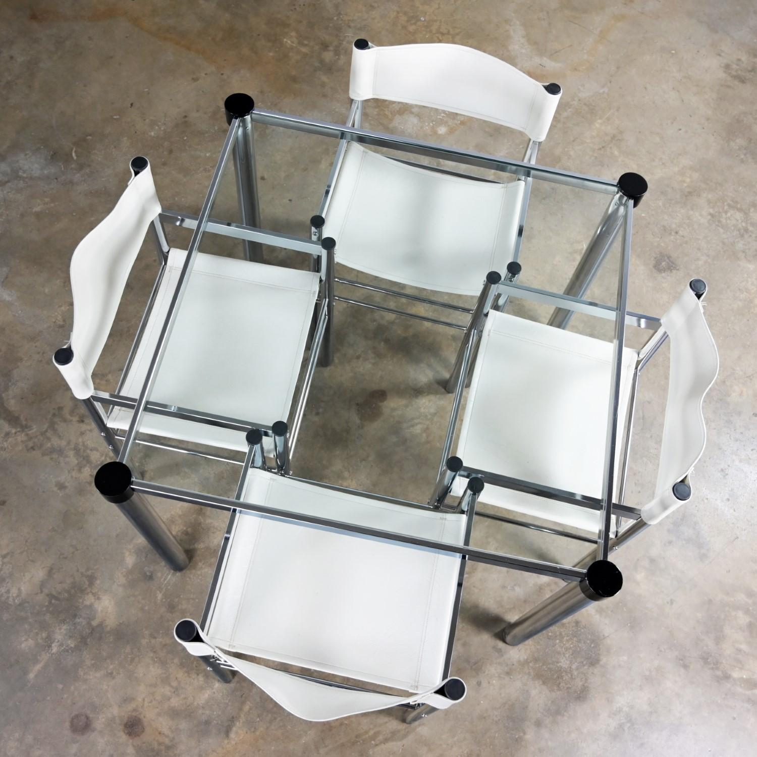 Faux Leather Modern James David Style Chrome & Glass Dinette Set or Game Table W/ 4 Chairs