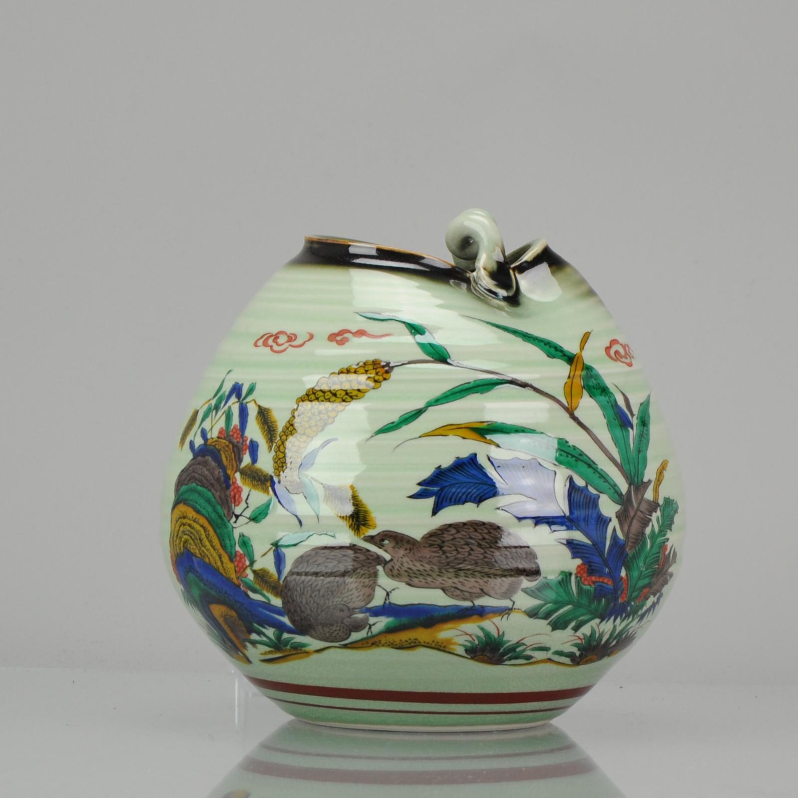 Contemporary Modern Japanese 21st Century Porcelain Kutani Vase with Two Quails For Sale