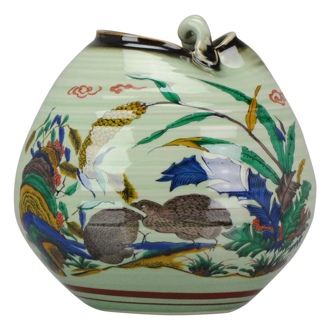 Modern Japanese 21st Century Porcelain Kutani Vase with Two Quails For Sale