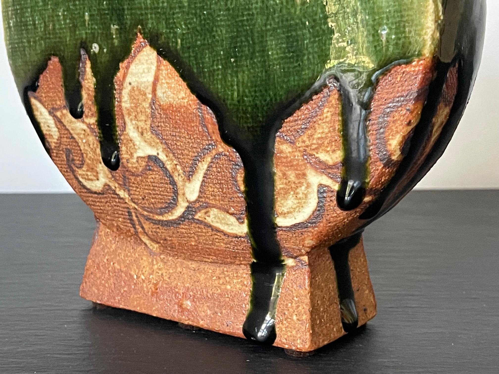 Modern Japanese Studio Pottery Oribe Moon Flask Vase by Ken Matsuzaki For Sale 6