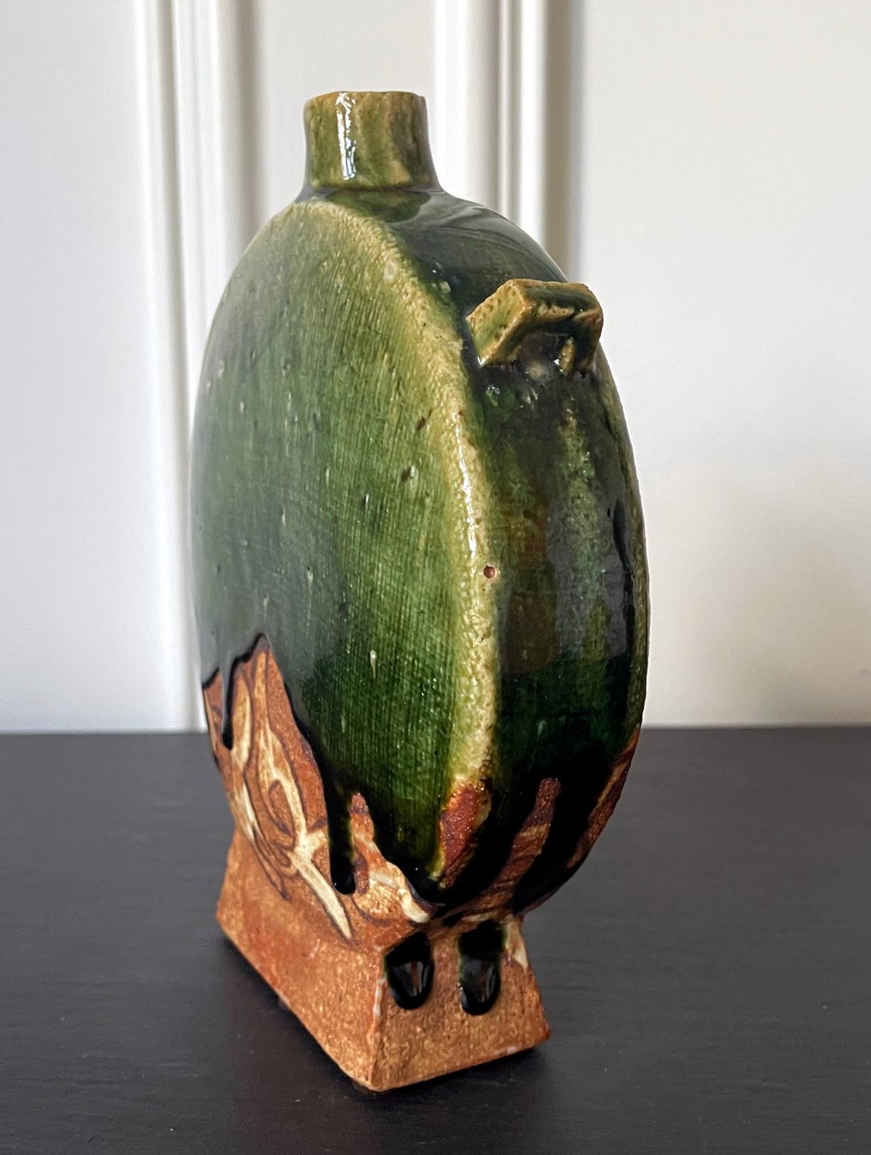 Ceramic Modern Japanese Studio Pottery Oribe Moon Flask Vase by Ken Matsuzaki For Sale