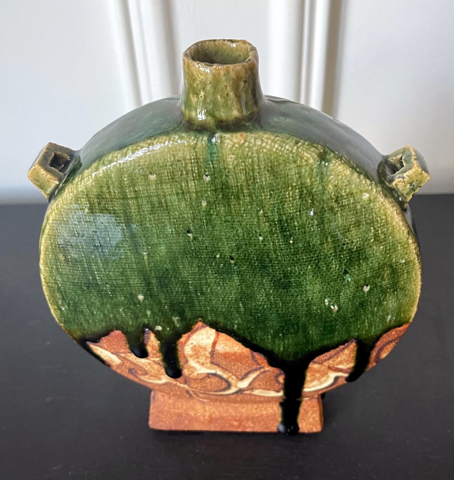 Modern Japanese Studio Pottery Oribe Moon Flask Vase by Ken Matsuzaki For Sale 1