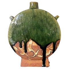 Modern Japanese Studio Pottery Oribe Moon Flask Vase by Ken Matsuzaki