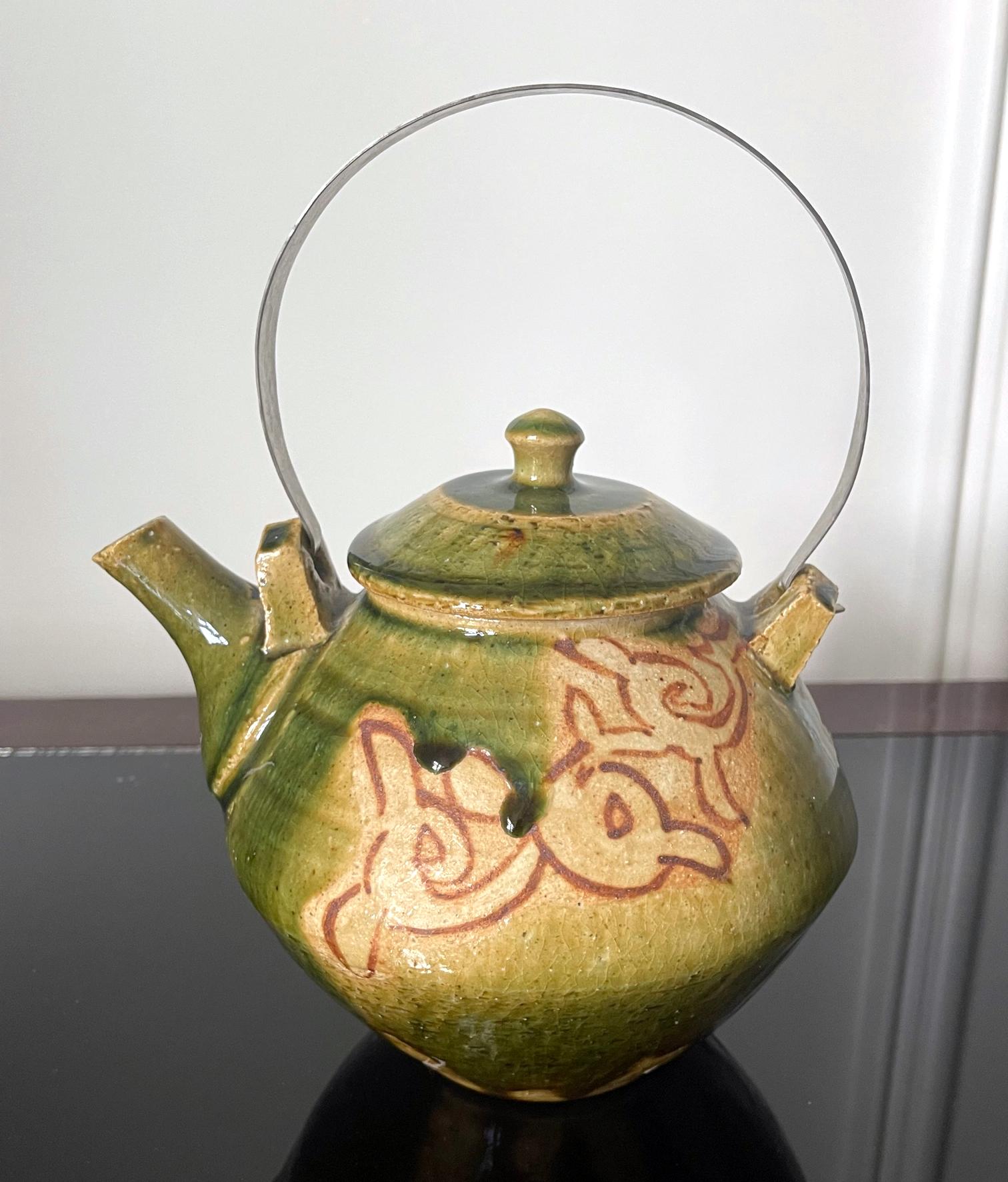 Ceramic Modern Japanese Studio Pottery Oribe Tea Pot by Ken Matsuzaki For Sale