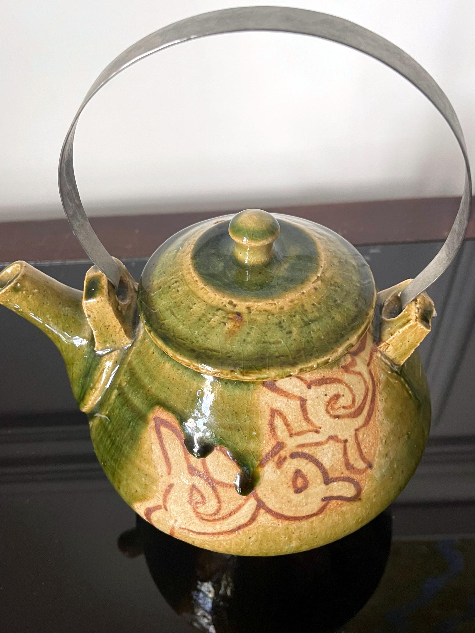 Modern Japanese Studio Pottery Oribe Tea Pot by Ken Matsuzaki For Sale 1