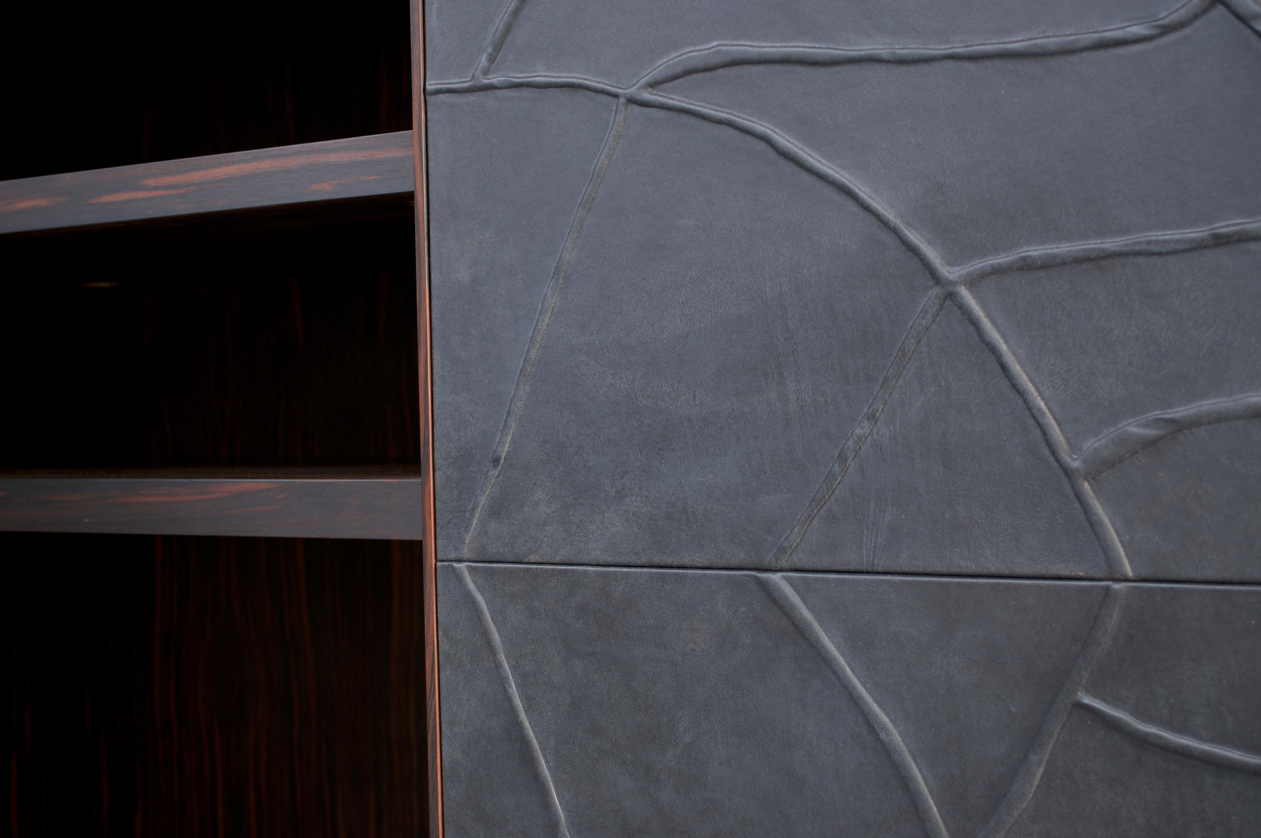 Contemporary Modern, Java, Wardrobe in Full-Grain Leather, Handcrafted with Bas-Relief For Sale
