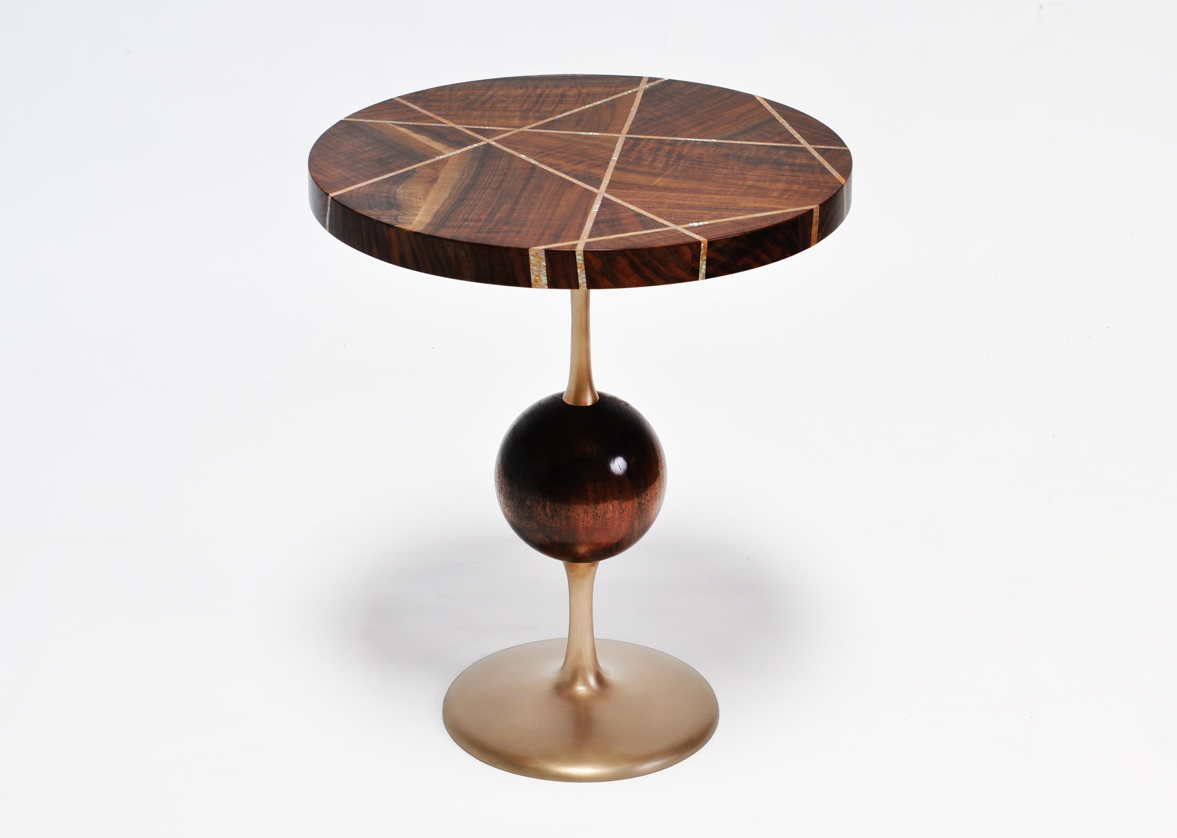 Modern Jupiter End Table with Mosaic Claro Walnut Top Abalone Inlay by Newell Design For Sale