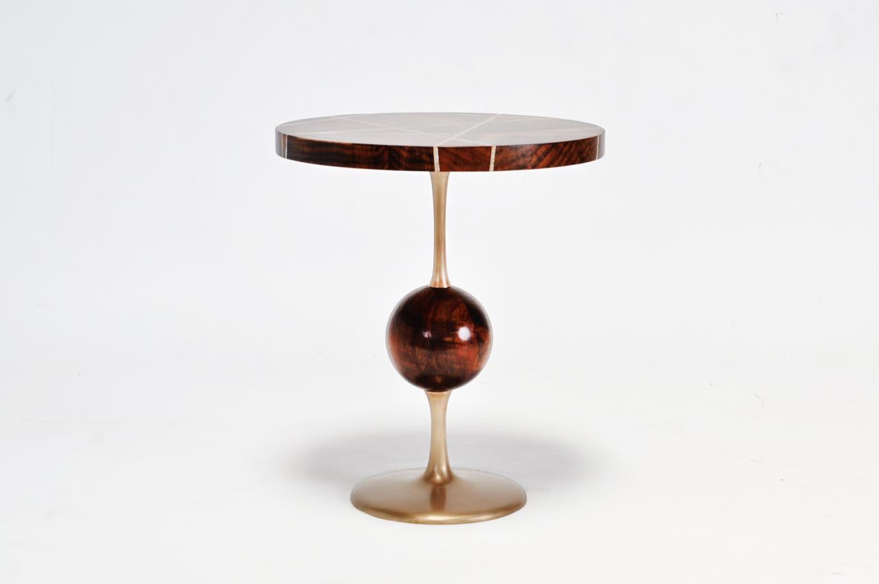 Bronzed Jupiter End Table with Mosaic Claro Walnut Top Abalone Inlay by Newell Design For Sale