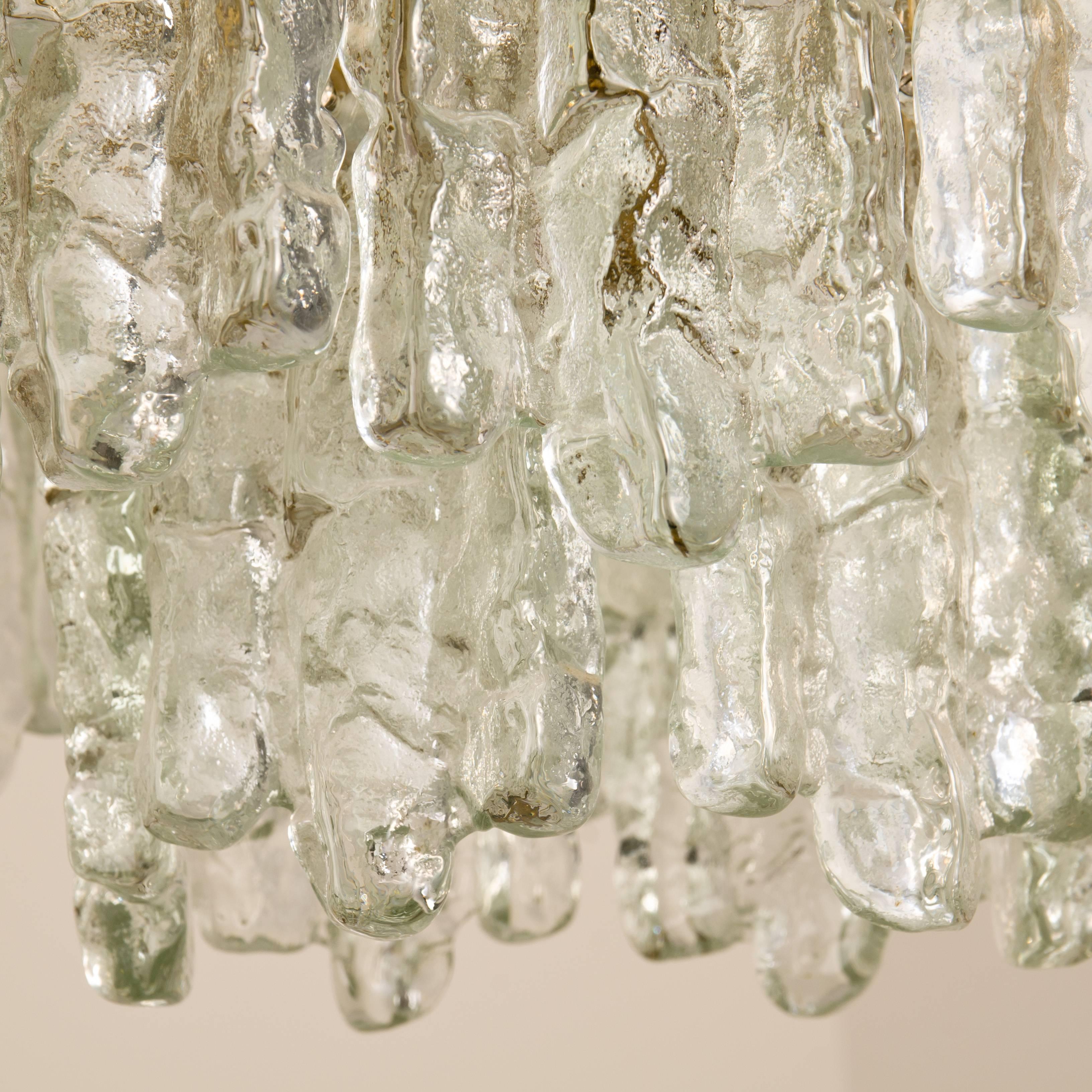 20th Century Modern Kalmar Brass Ice Glass Pendant Chandelier, 1970s
