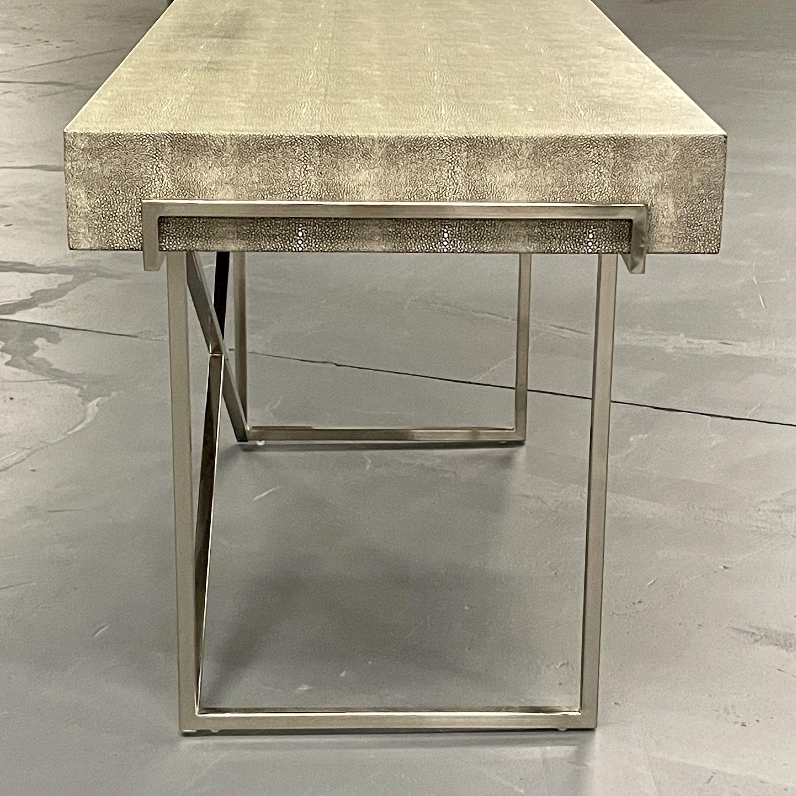 Late 20th Century Modern Karl Springer Style Three-Drawer Faux Shagreen Desk/Writing Table, Chrome For Sale