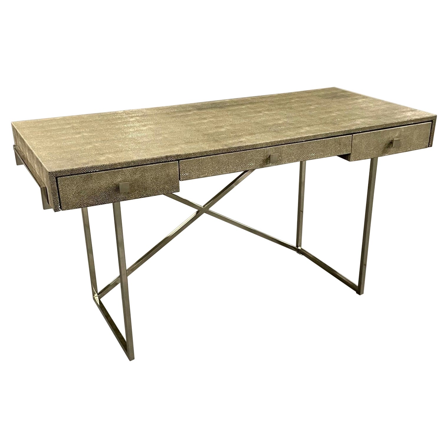 Table de bureau/table à écrire moderne à trois tiroirs en faux galuchat de style Karl Springer, chrome