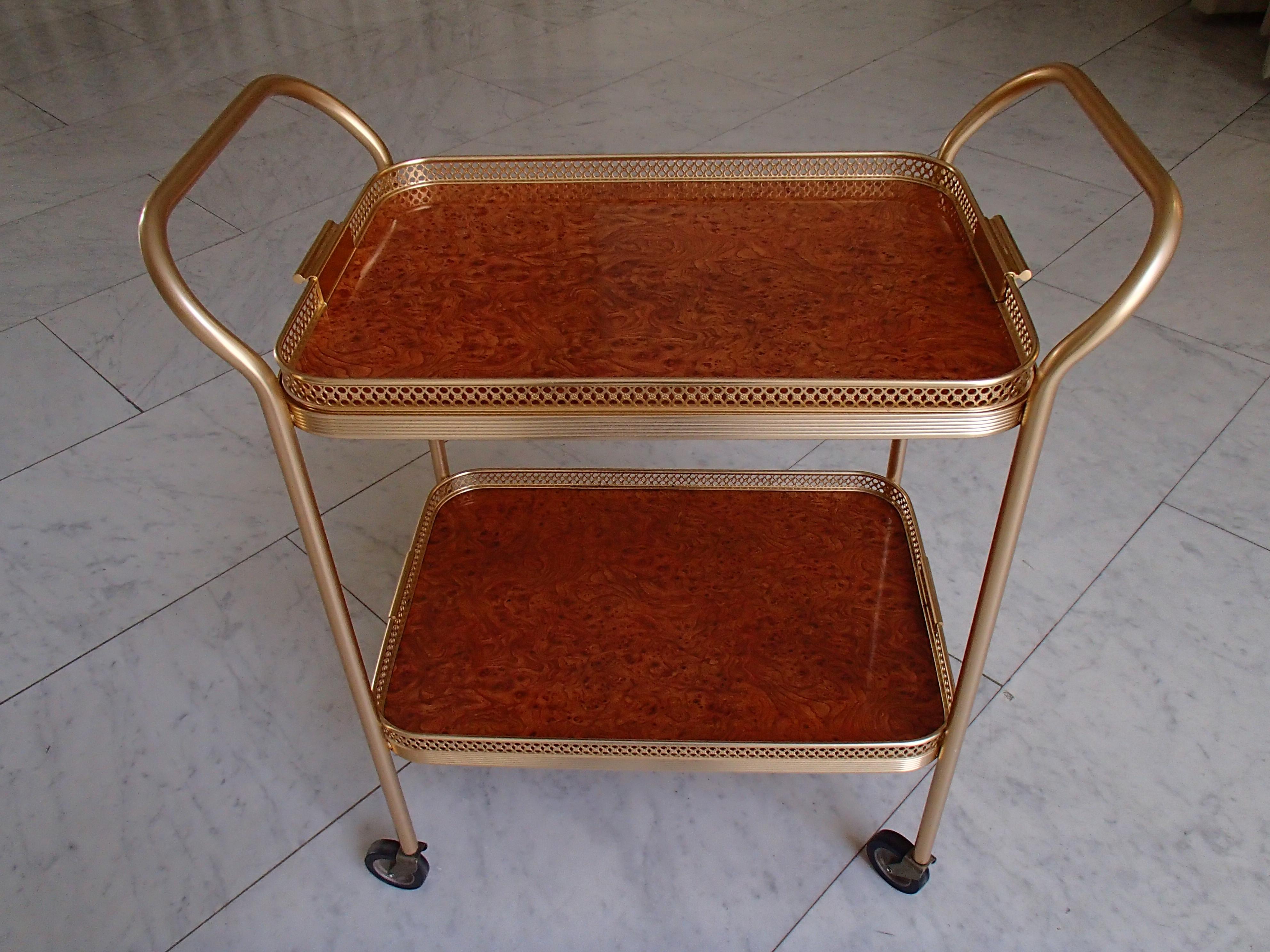 English Modern Kaymet Bar Cart with Maple Eye and Decorative Edges For Sale