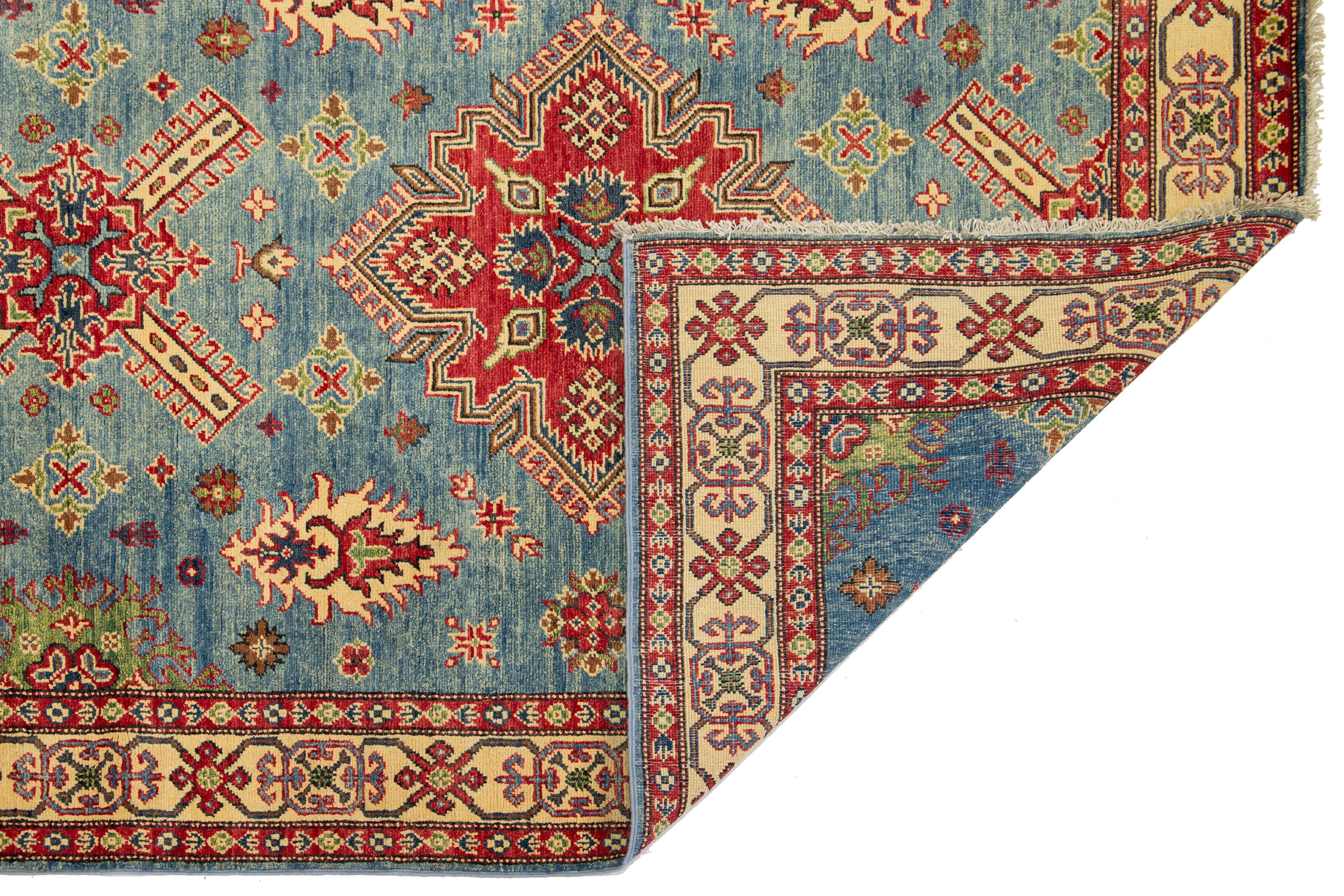 Pakistani Modern Kazak Handmade Gallery Wool Rug in Blue With Allover Design For Sale