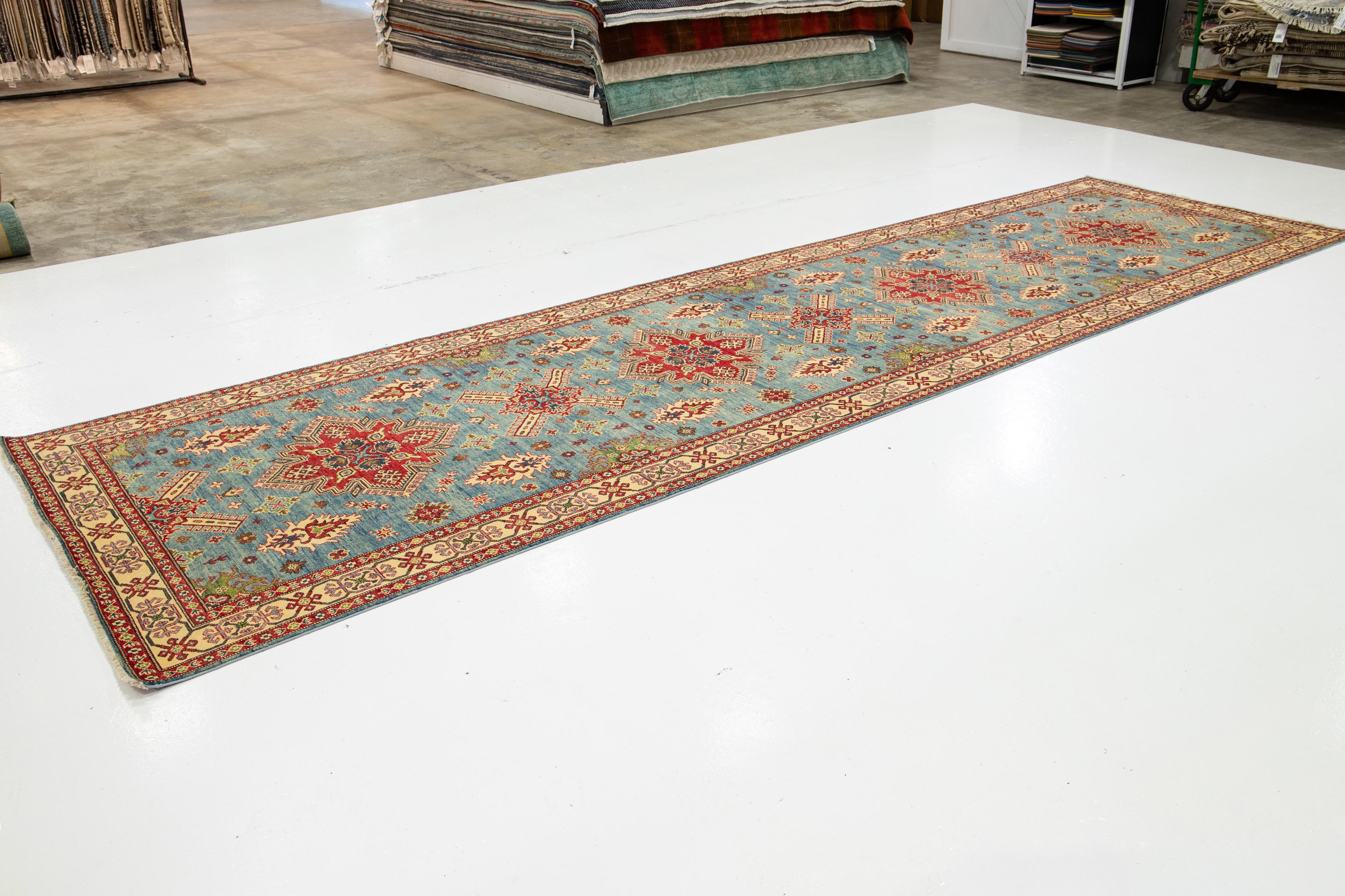 Hand-Knotted Modern Kazak Handmade Gallery Wool Rug in Blue With Allover Design For Sale