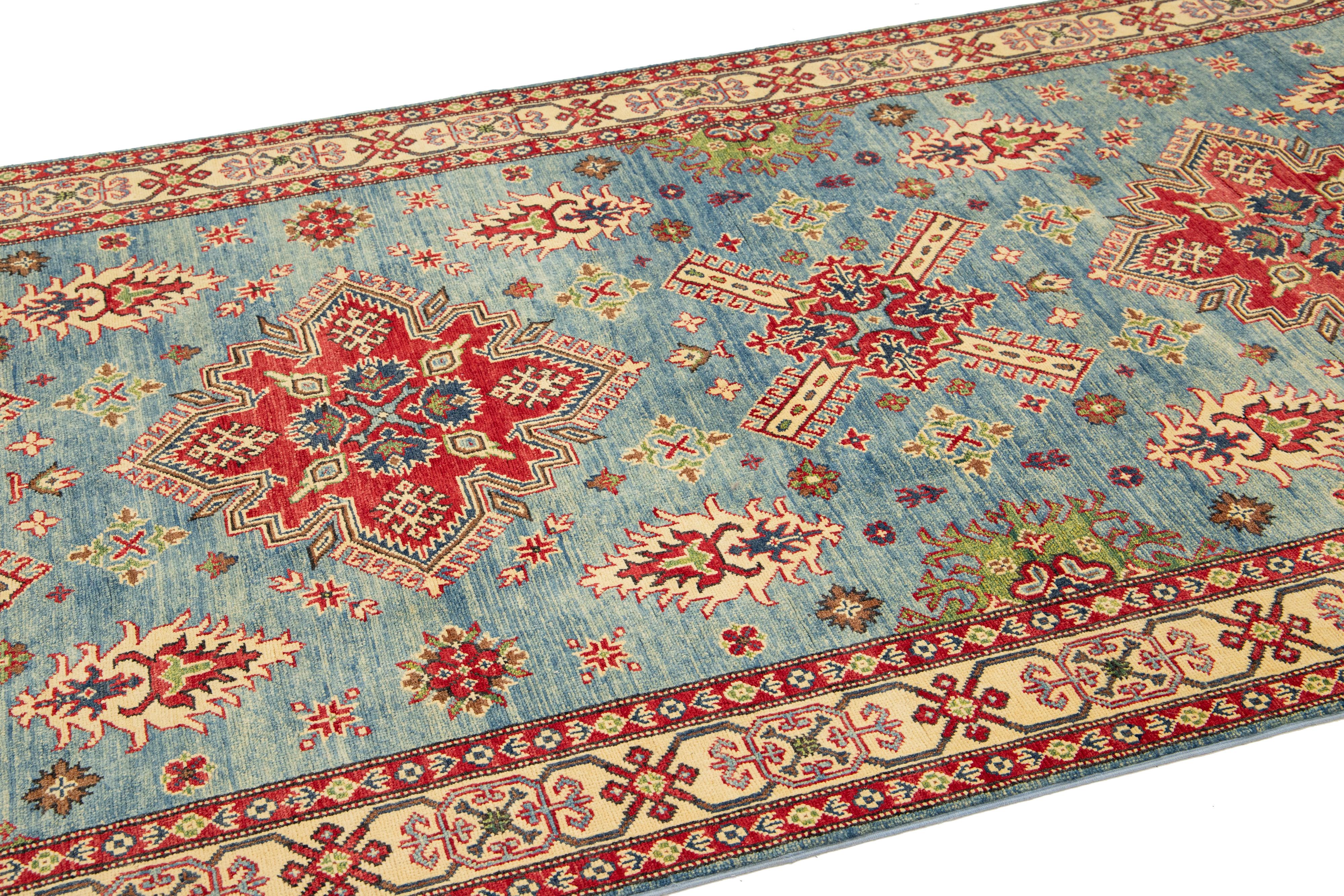 Modern Kazak Handmade Gallery Wool Rug in Blue With Allover Design In Excellent Condition For Sale In Norwalk, CT