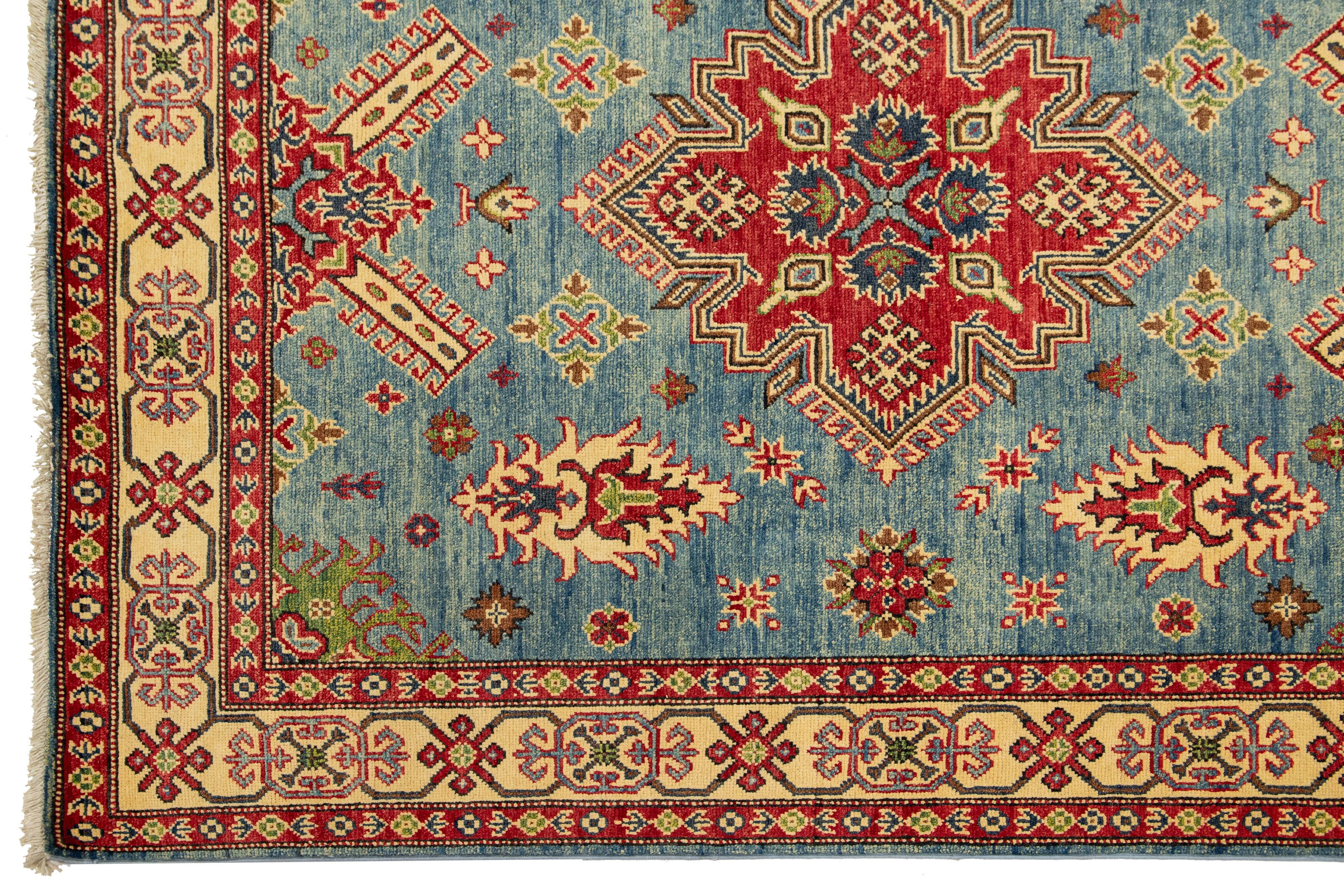 Contemporary Modern Kazak Handmade Gallery Wool Rug in Blue With Allover Design For Sale