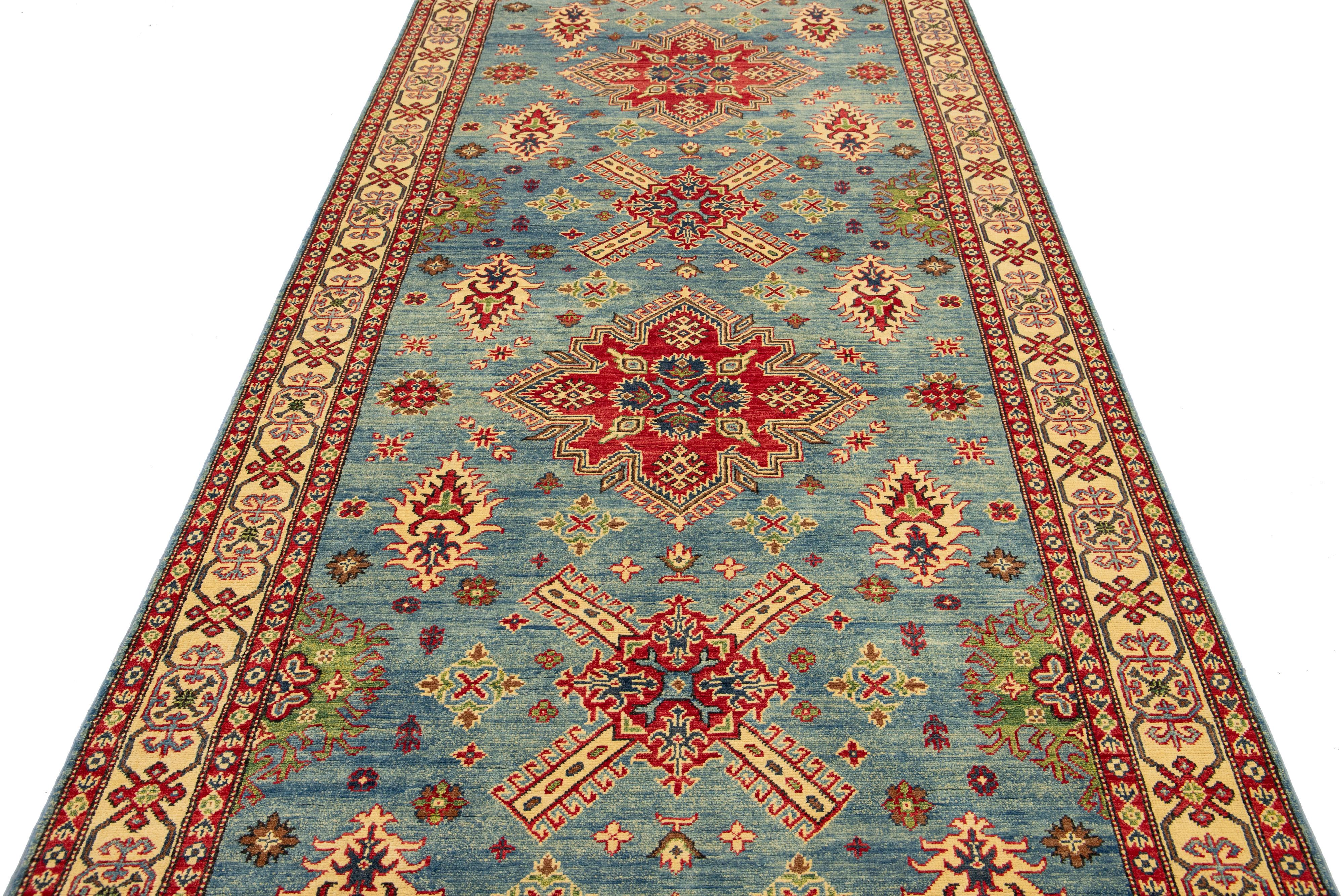Modern Kazak Handmade Gallery Wool Rug in Blue With Allover Design For Sale 1