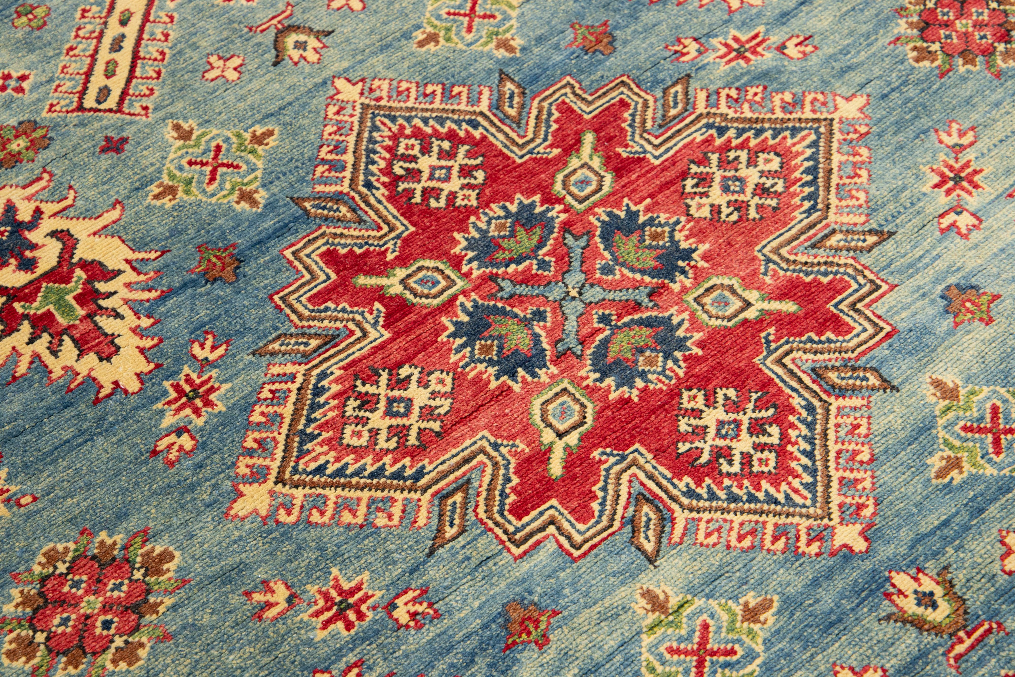 Modern Kazak Handmade Gallery Wool Rug in Blue With Allover Design For Sale 2