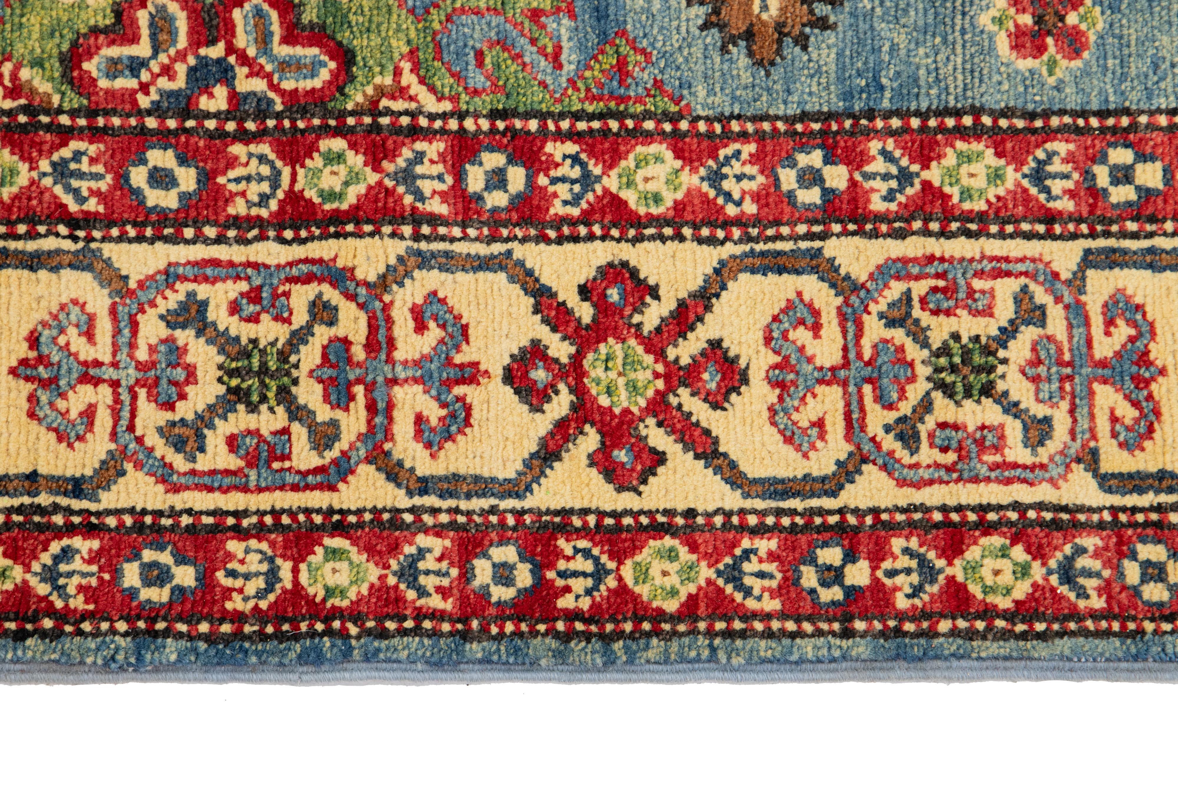 Modern Kazak Handmade Gallery Wool Rug in Blue With Allover Design For Sale 3