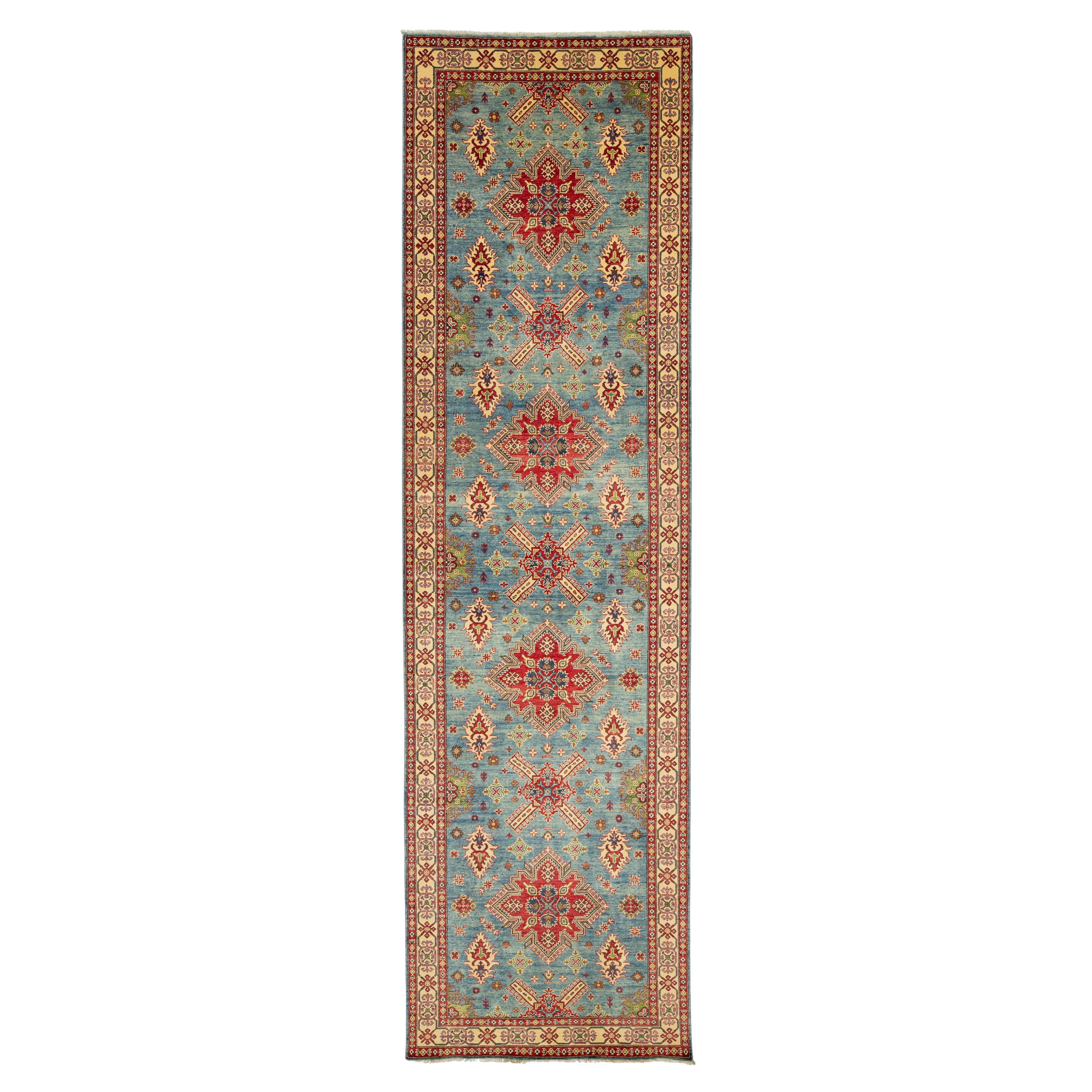 Modern Kazak Handmade Gallery Wool Rug in Blue With Allover Design For Sale