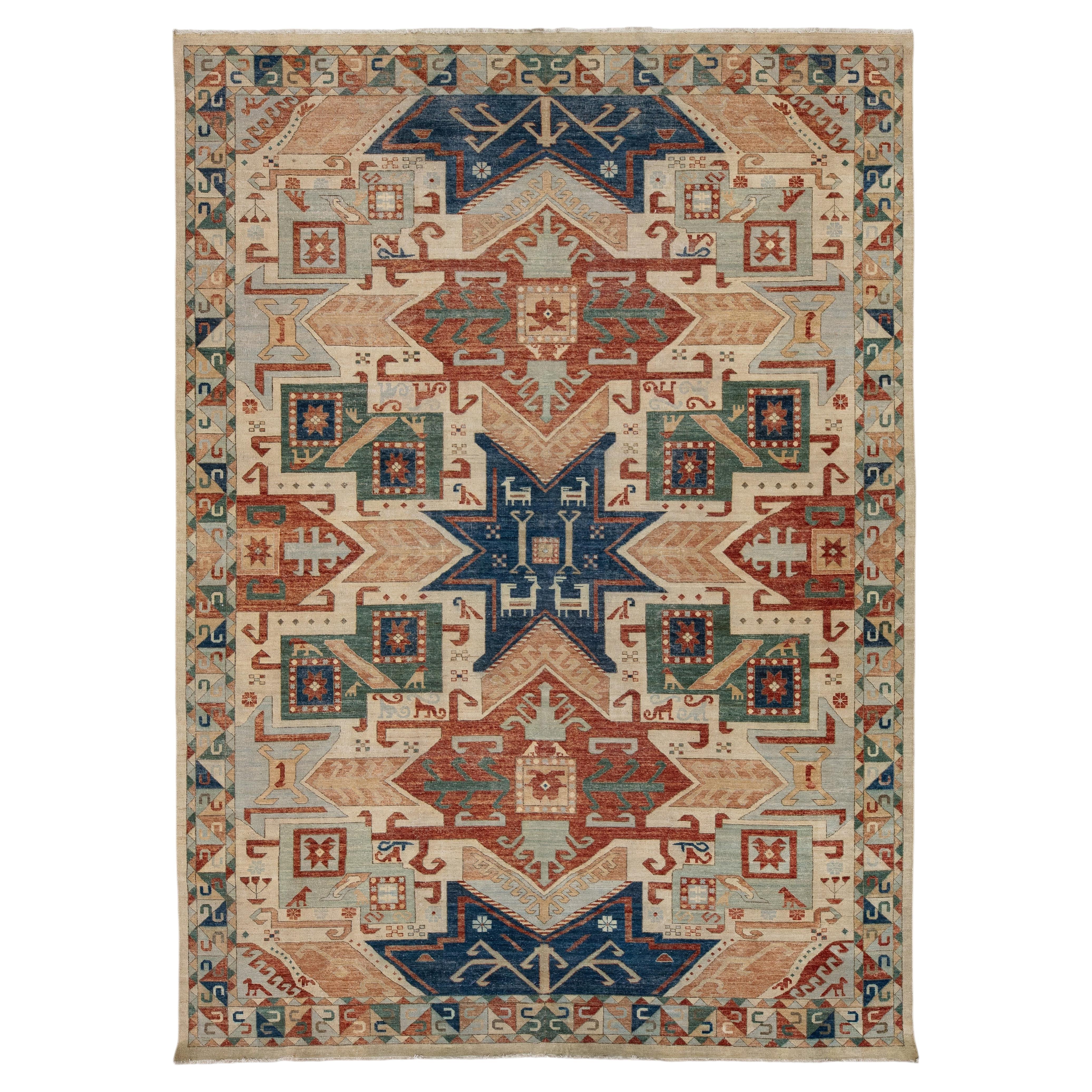 Modern Kazak Style Hand-Knotted Wool Rug – Geometric Tribal Design in Terracotta