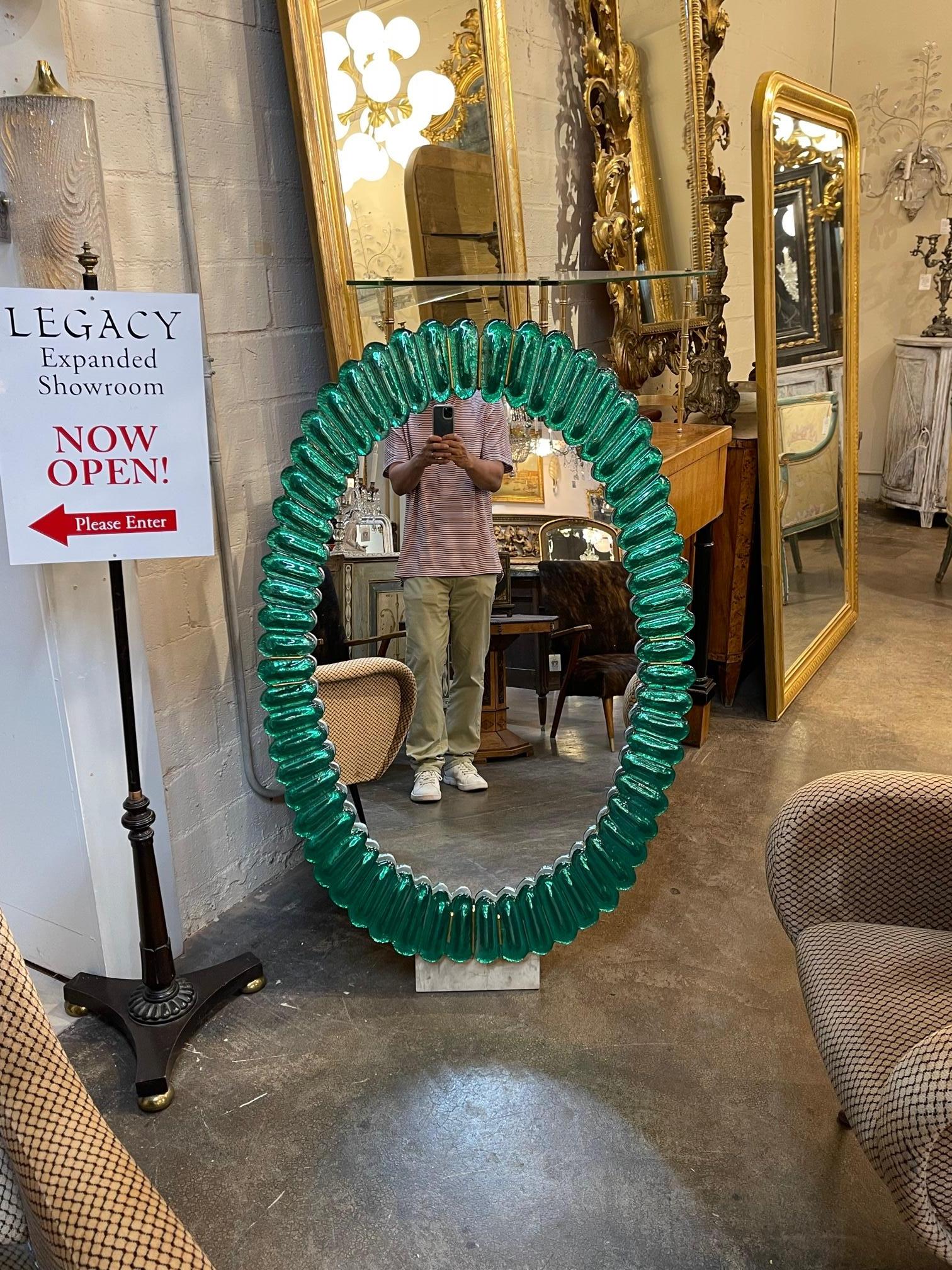 Fabulous Kelly Green Murano glass and brass oval mirror. Makes very bold statement! A real focal point for a beautiful home!