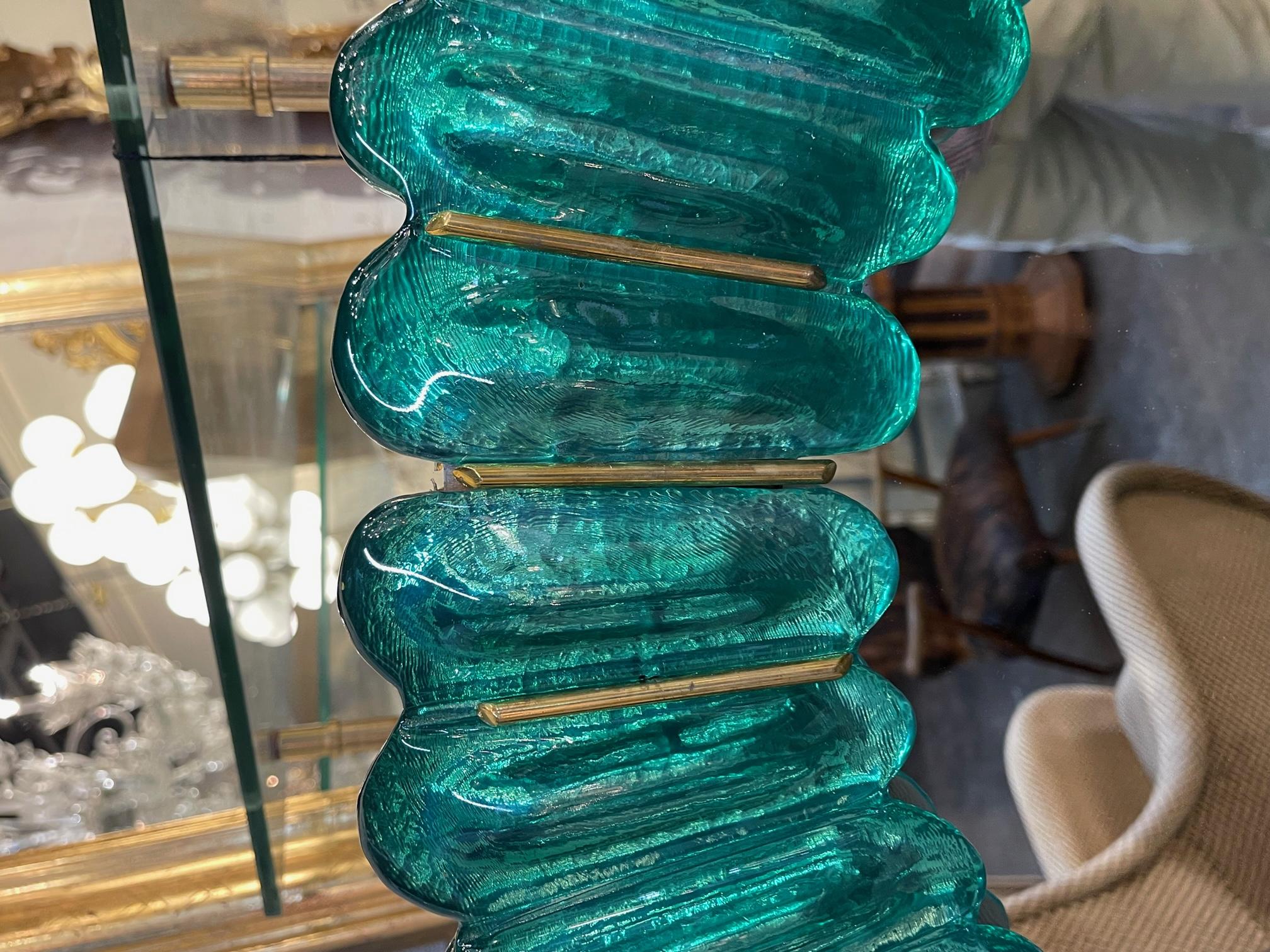 Italian Modern Kelly Green Murano Glass and Brass Mirror