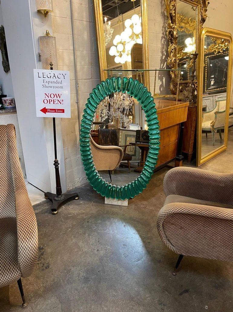 Modern Kelly Green Murano Glass and Brass Mirror For Sale 1