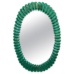 Modern Kelly Green Murano Glass and Brass Mirror
