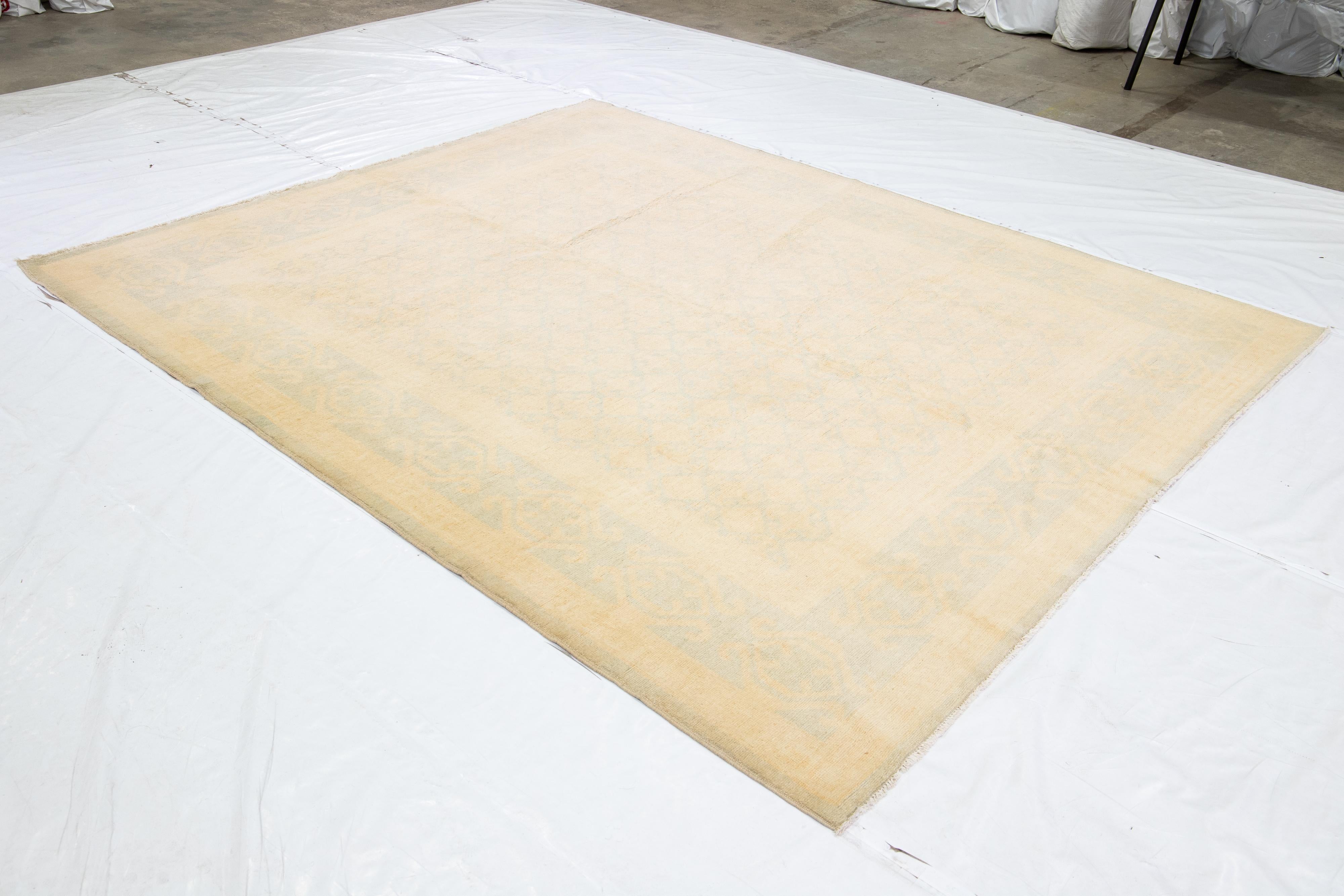 Modern Khotan Beige Handmade Wool Rug with Blue Geometric Design For Sale 3