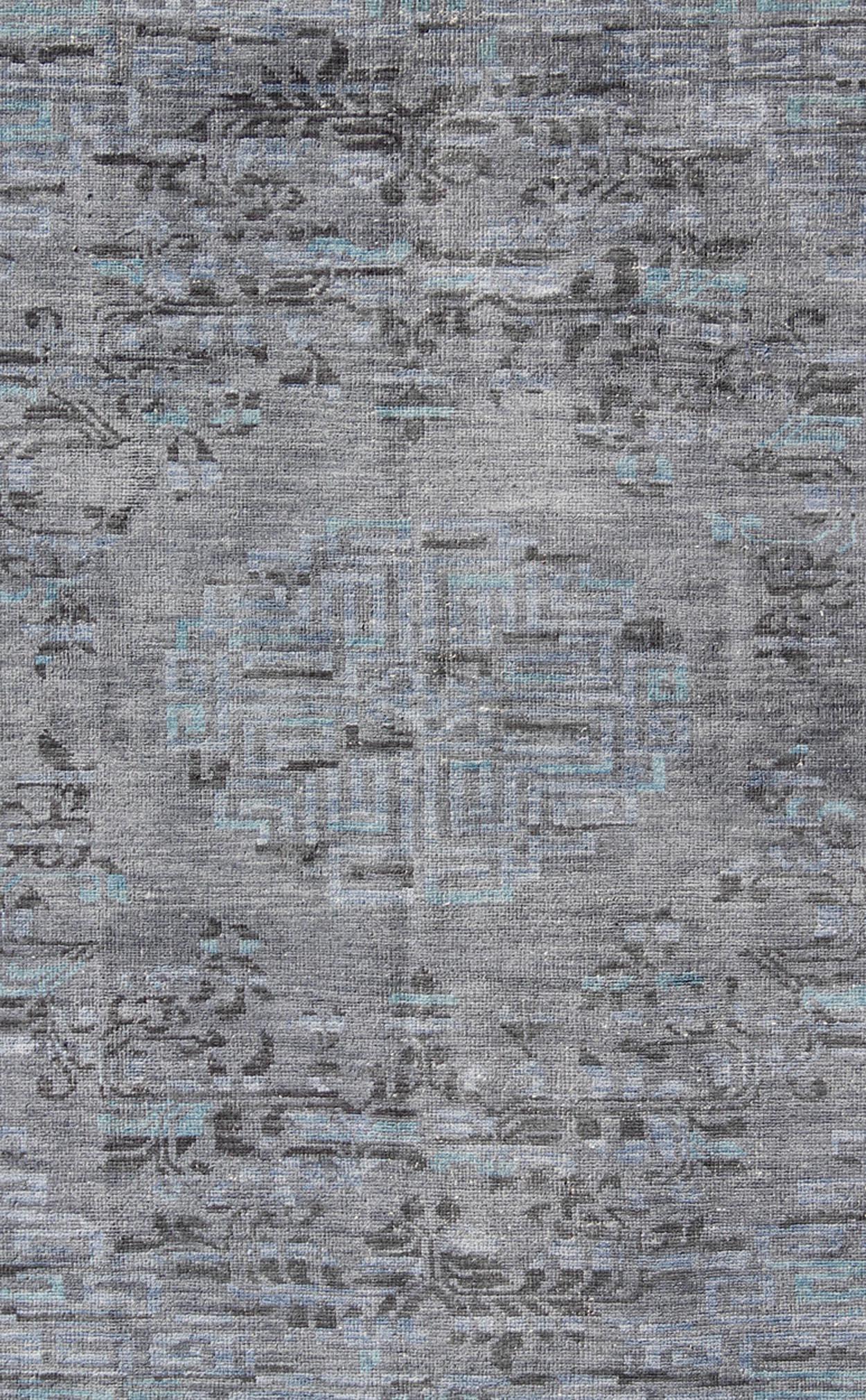 Hand-Knotted Modern Khotan with Medallion Design in Warm Gray, Brown, Blue and Charcoal For Sale