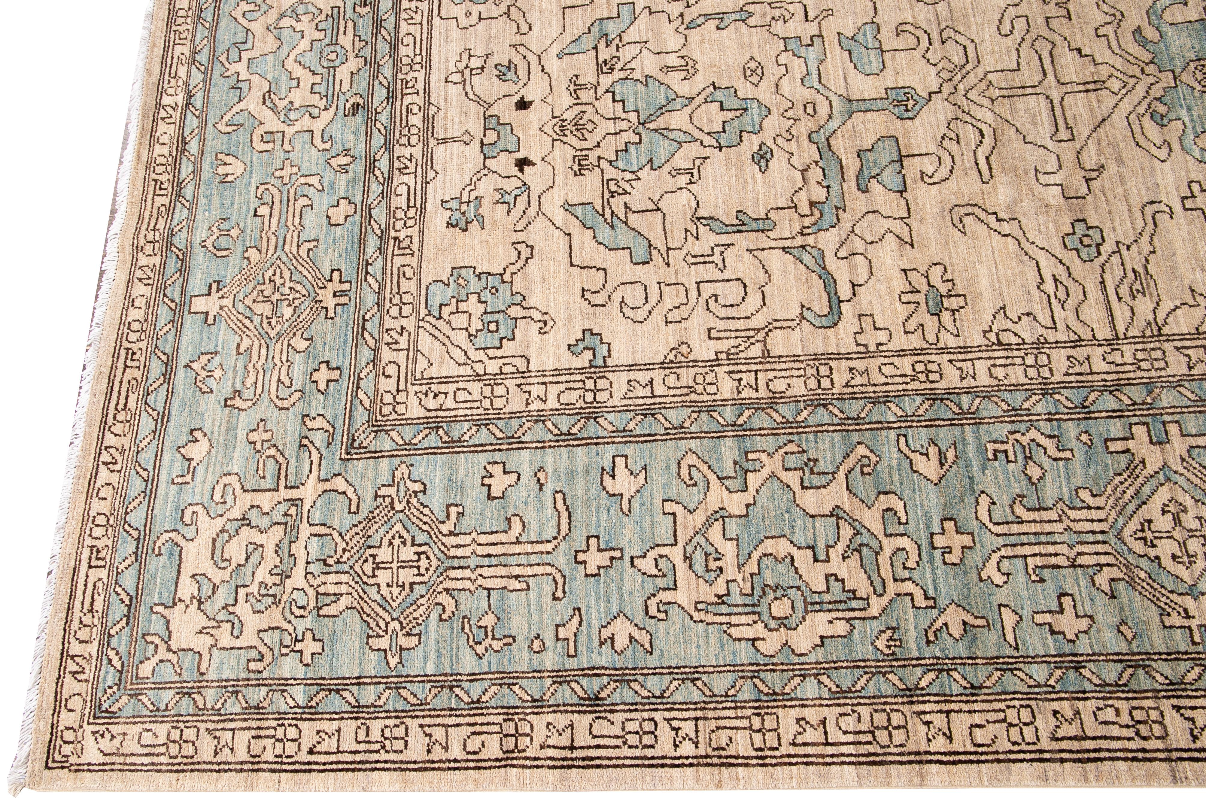 Hand-Knotted Modern Khotan Handmade Beige and Blue Geometric Floral Designed Wool Rug For Sale