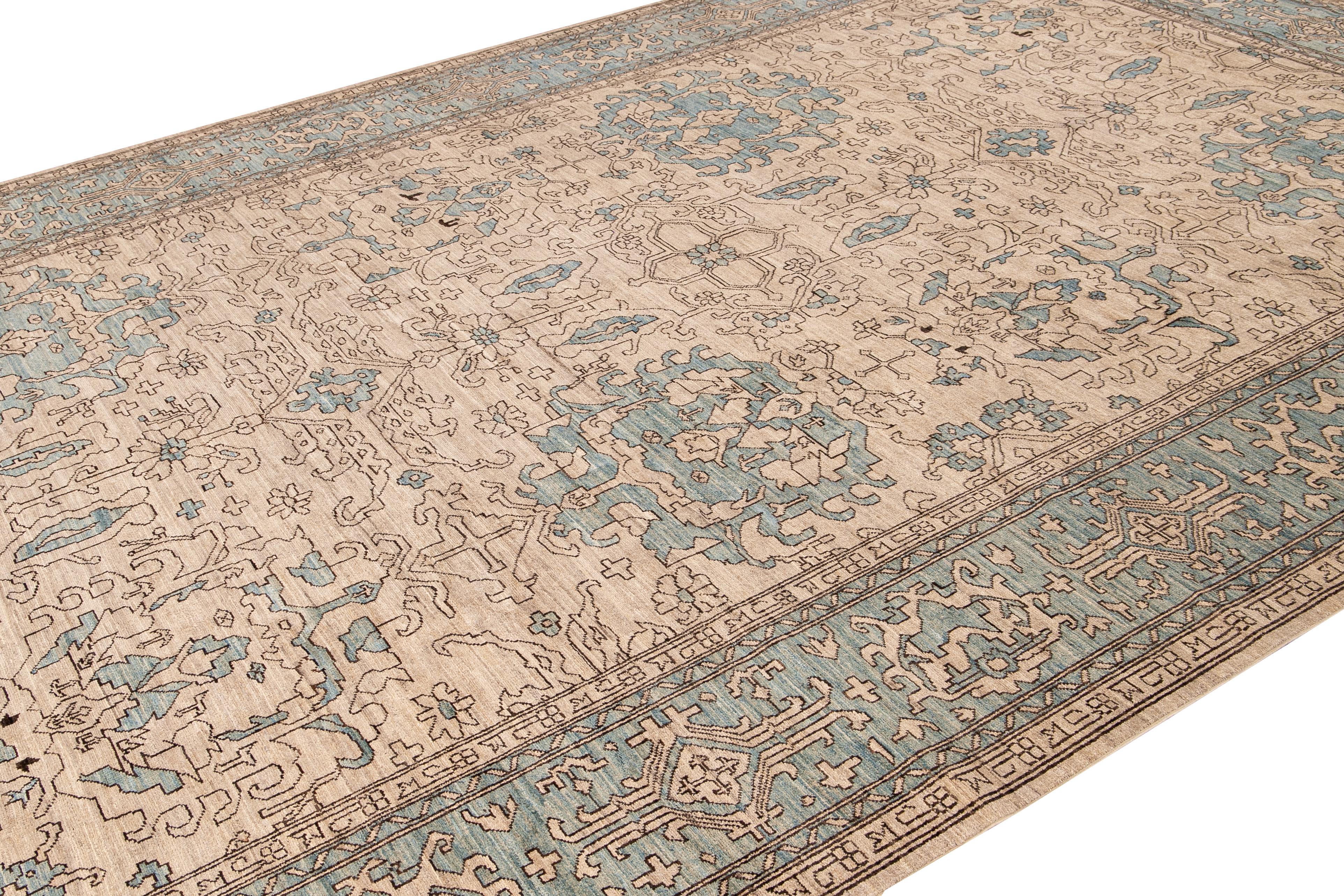 Modern Khotan Handmade Beige and Blue Geometric Floral Designed Wool Rug In New Condition For Sale In Norwalk, CT