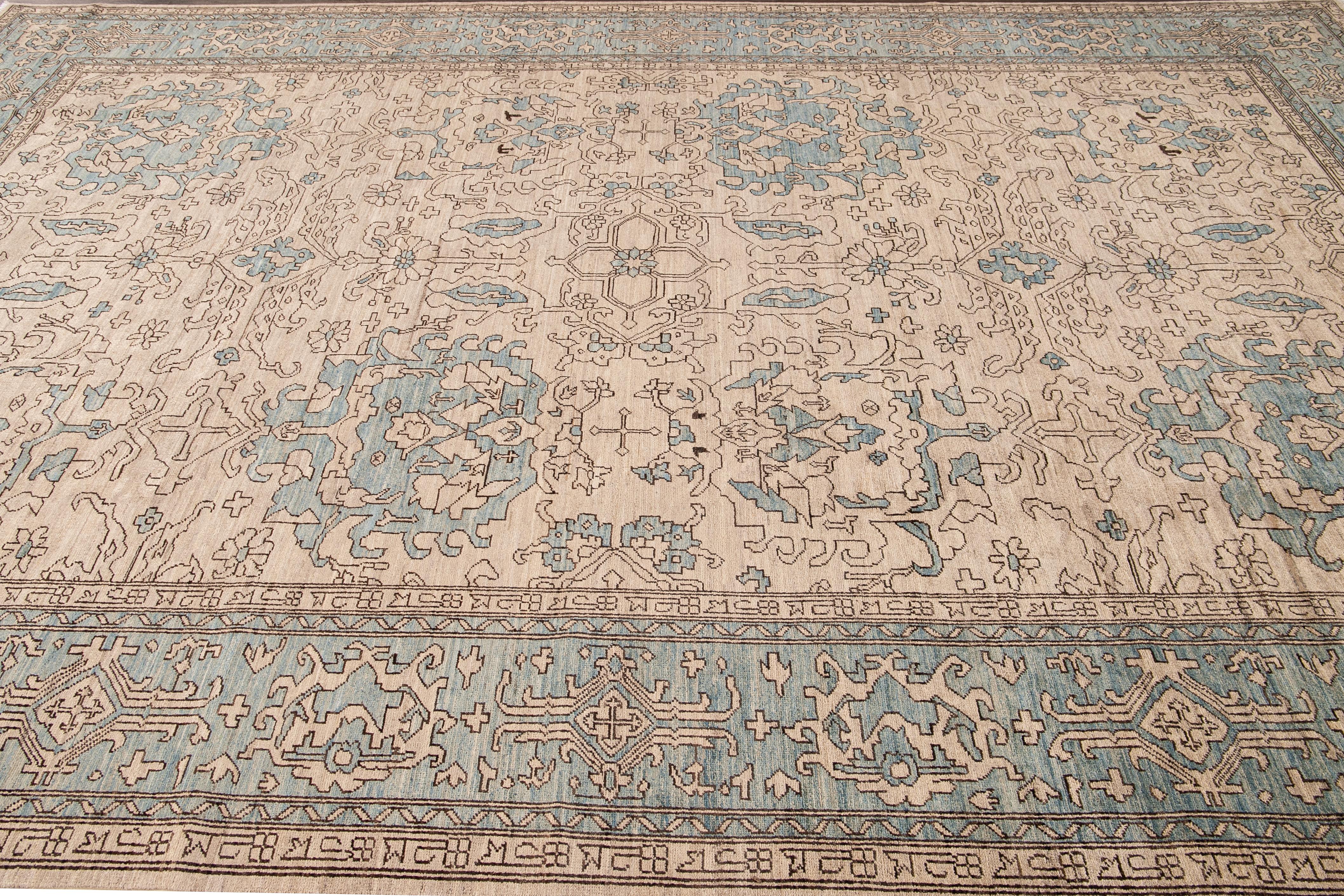 Contemporary Modern Khotan Handmade Beige and Blue Geometric Floral Designed Wool Rug For Sale