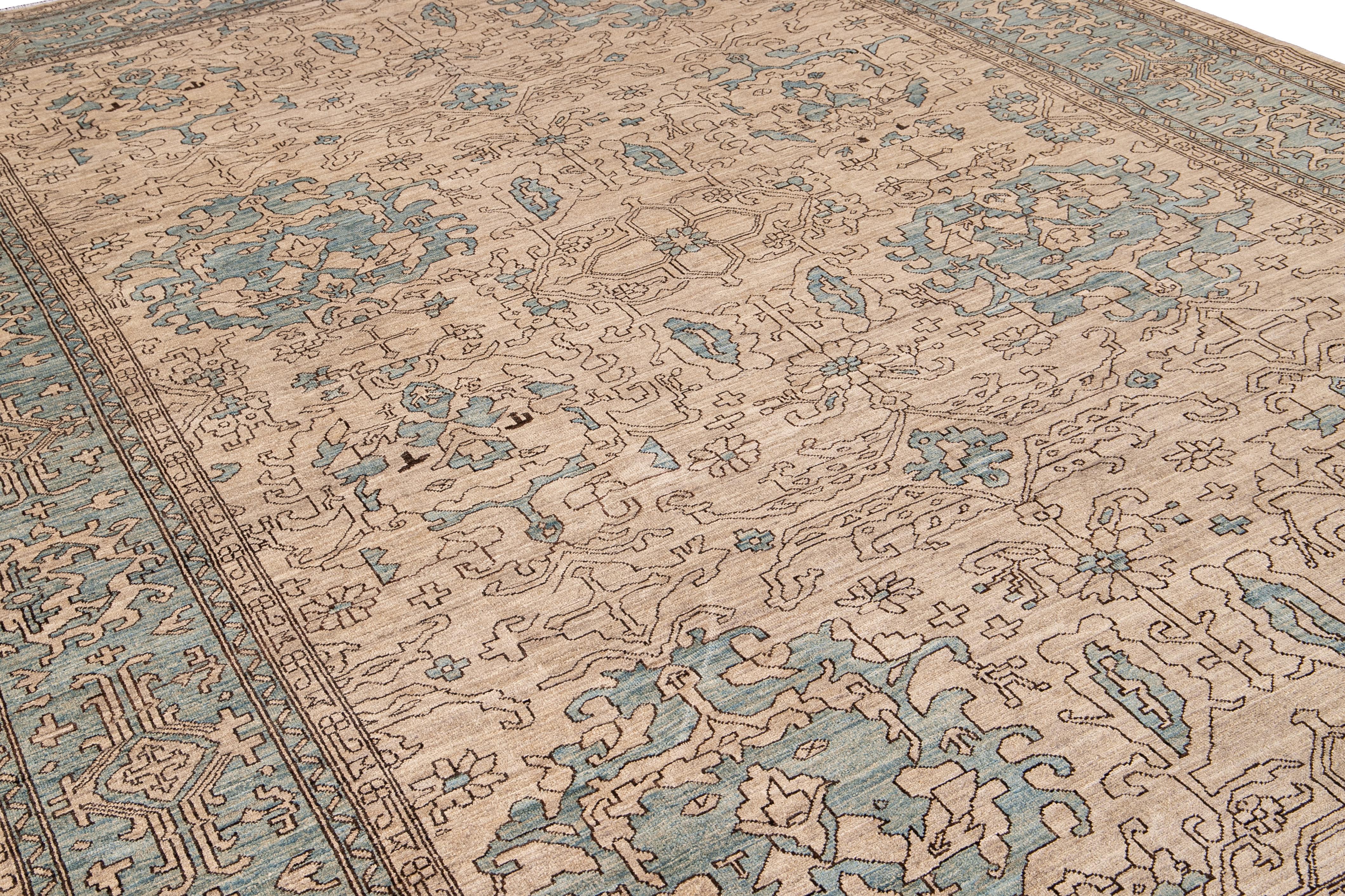Modern Khotan Handmade Beige and Blue Geometric Floral Designed Wool Rug For Sale 1