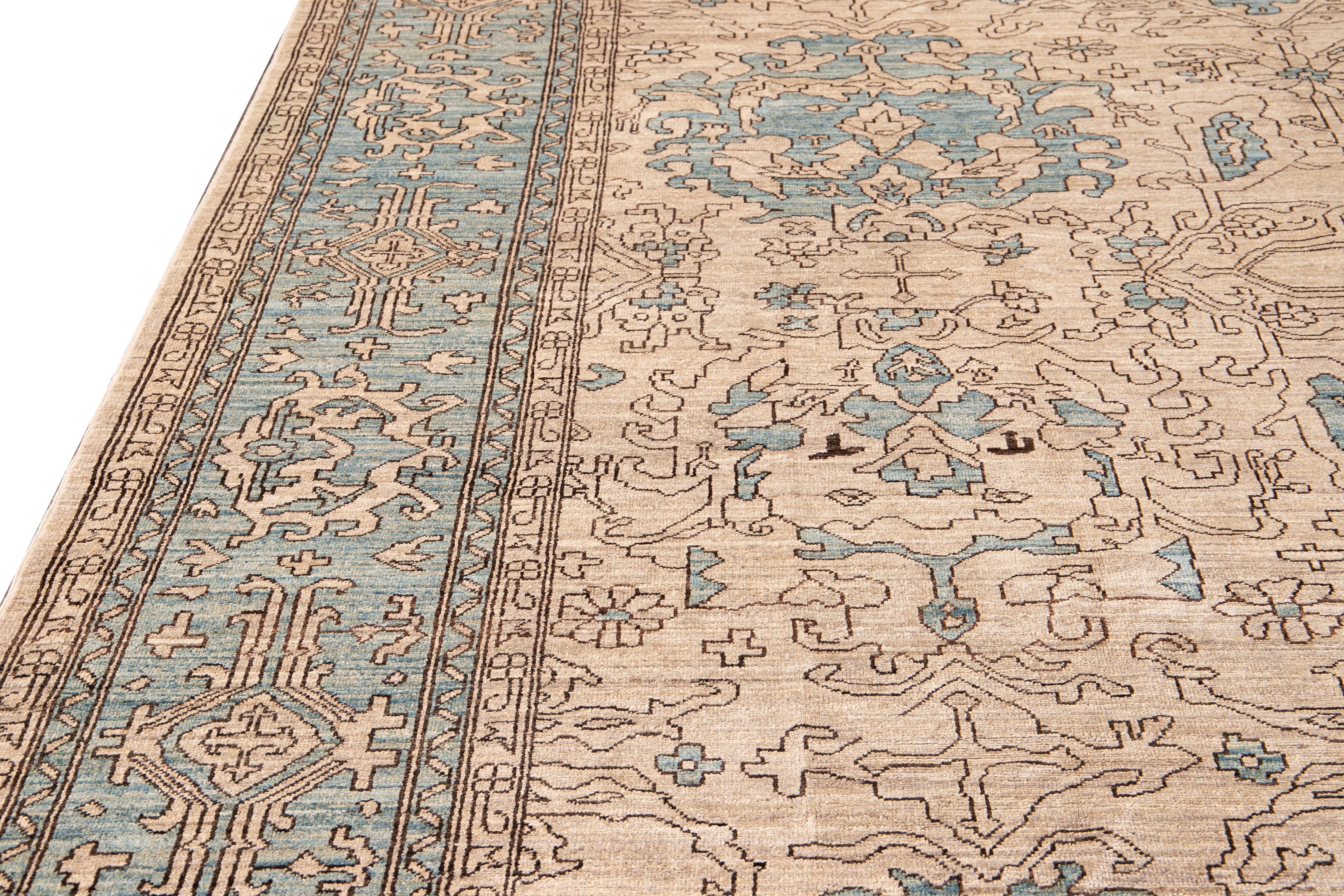 Modern Khotan Handmade Beige and Blue Geometric Floral Designed Wool Rug For Sale 2