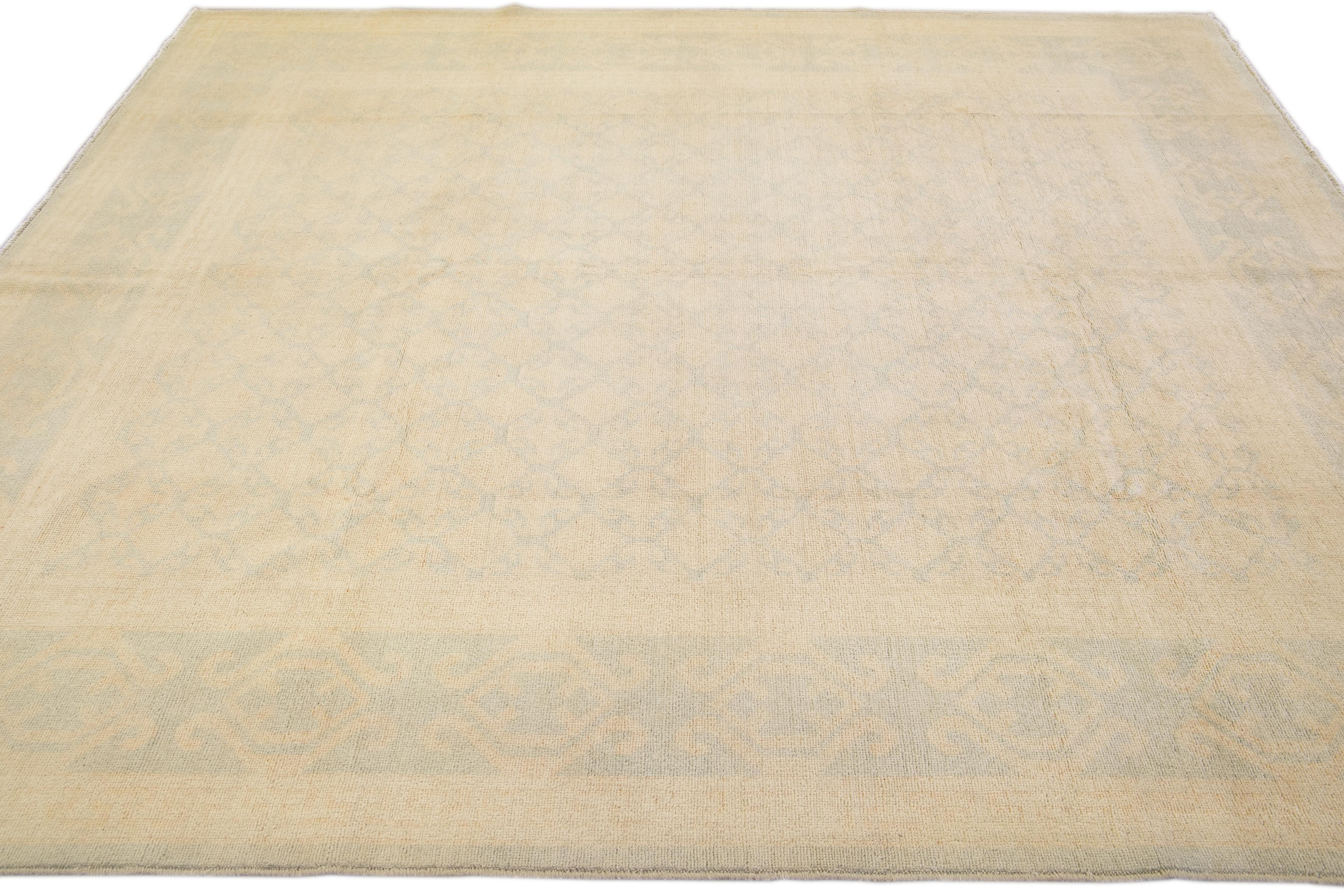 Contemporary Modern Khotan Handmade Beige Geometric Pattern Wool Rug For Sale