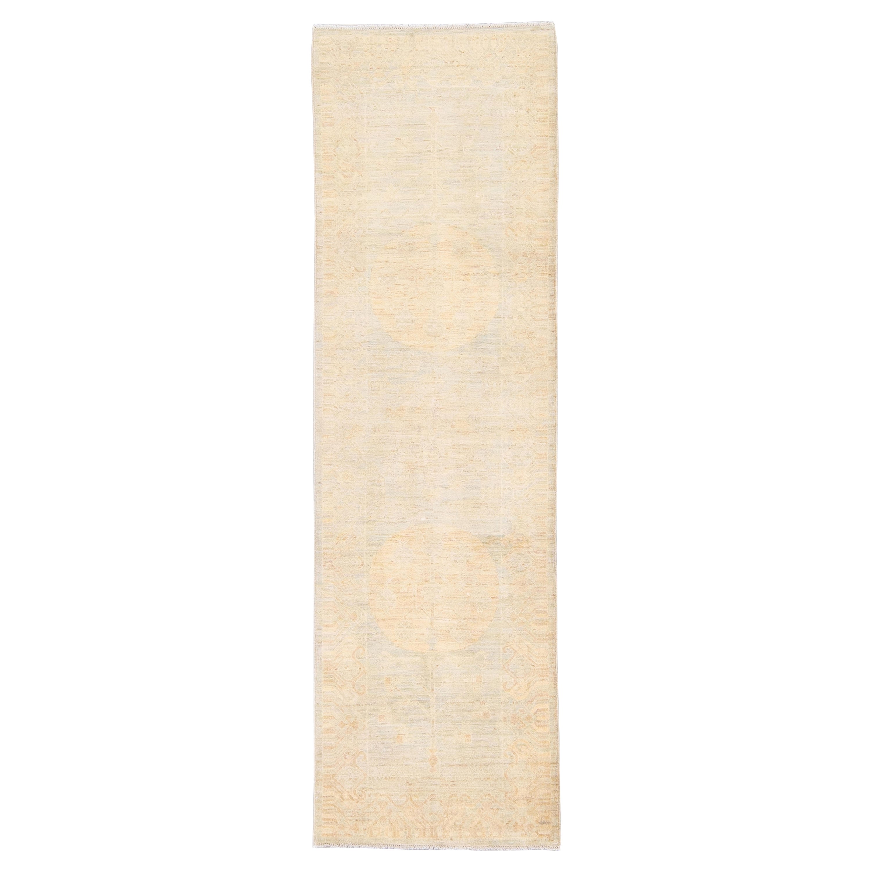 Modern Khotan Handmade Geometric Motif Blue and Beige Wool Runner