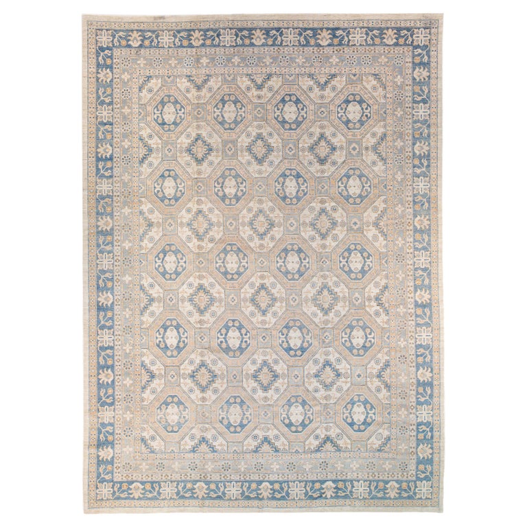 Modern Khotan Handmade Geometric Pattern Beige and Blue Oversize Wool Rug For Sale