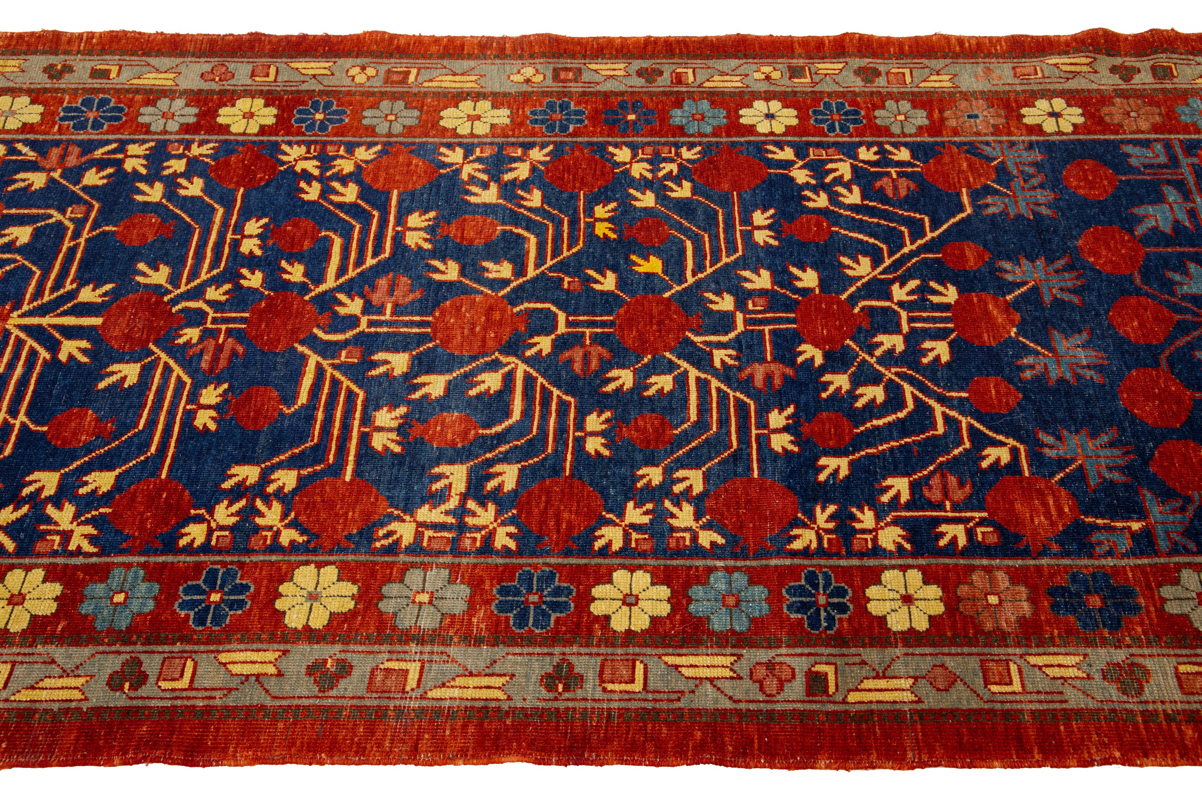Modern Khotan Handmade Wool Rug In Blue With Allover Motif  In New Condition For Sale In Norwalk, CT