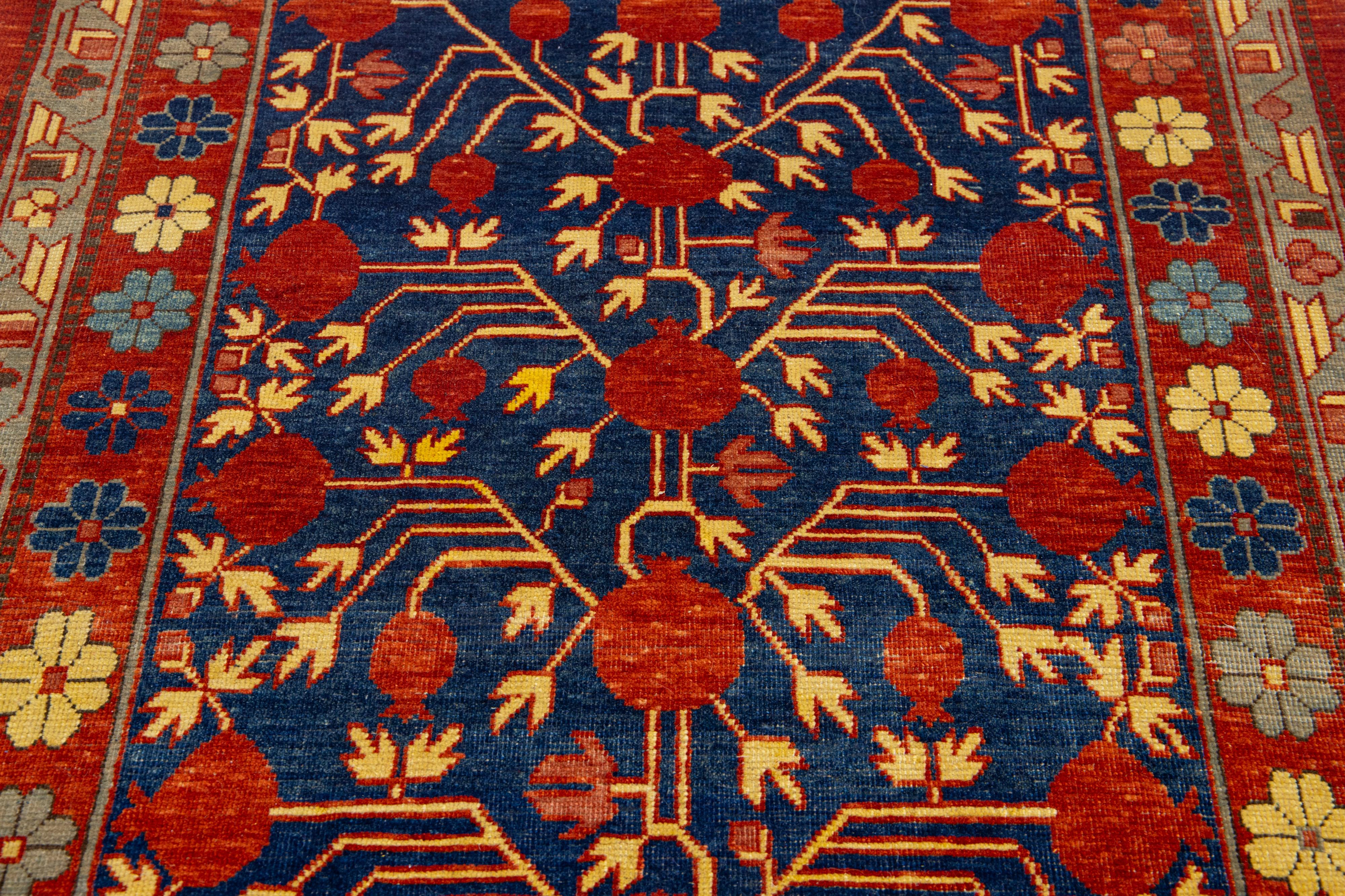 Modern Khotan Handmade Wool Rug In Blue With Allover Motif  For Sale 1