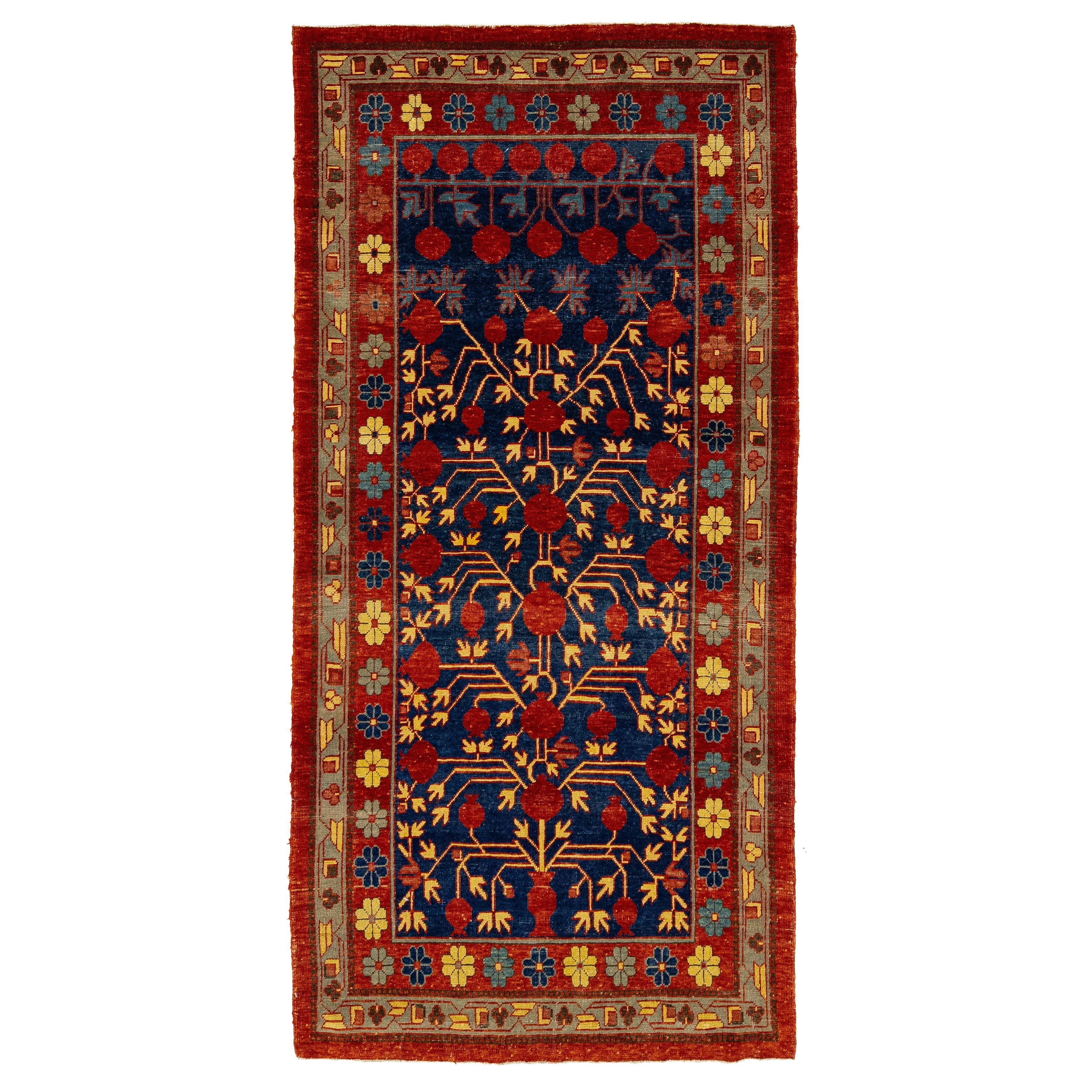 Tapis moderne en laine Khotan fait à la main en bleu avec motif intégral