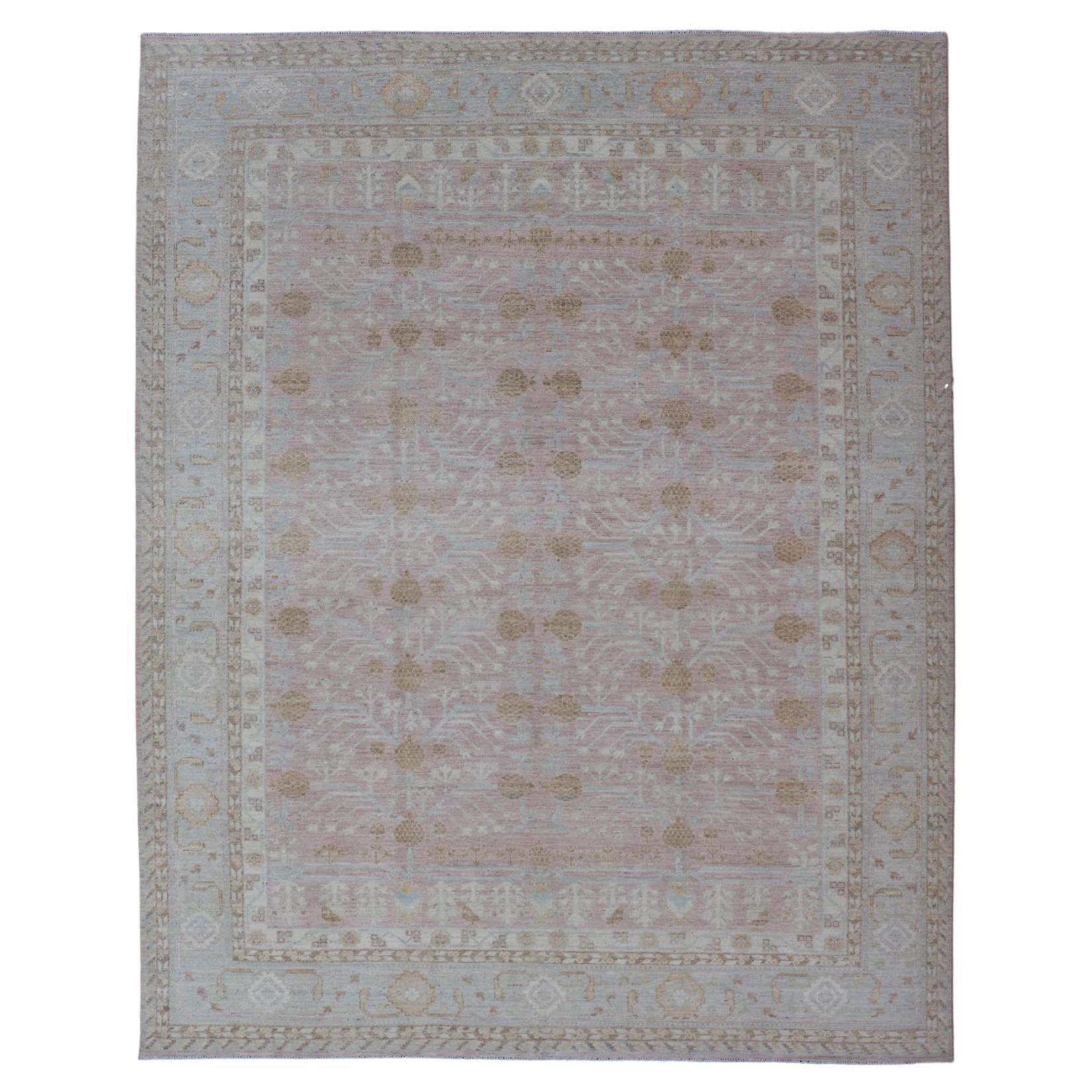 Modern Khotan Rug in Faded Rose and Soft Beige with Pale Blue and Gold Accents en vente