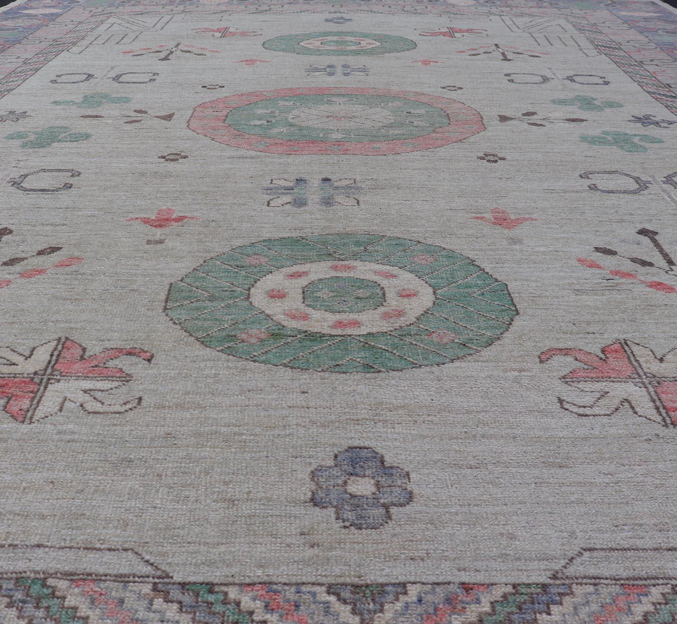 Modern Khotan Rug with Circular Medallions in Light Green, Purple, Salmon For Sale 6